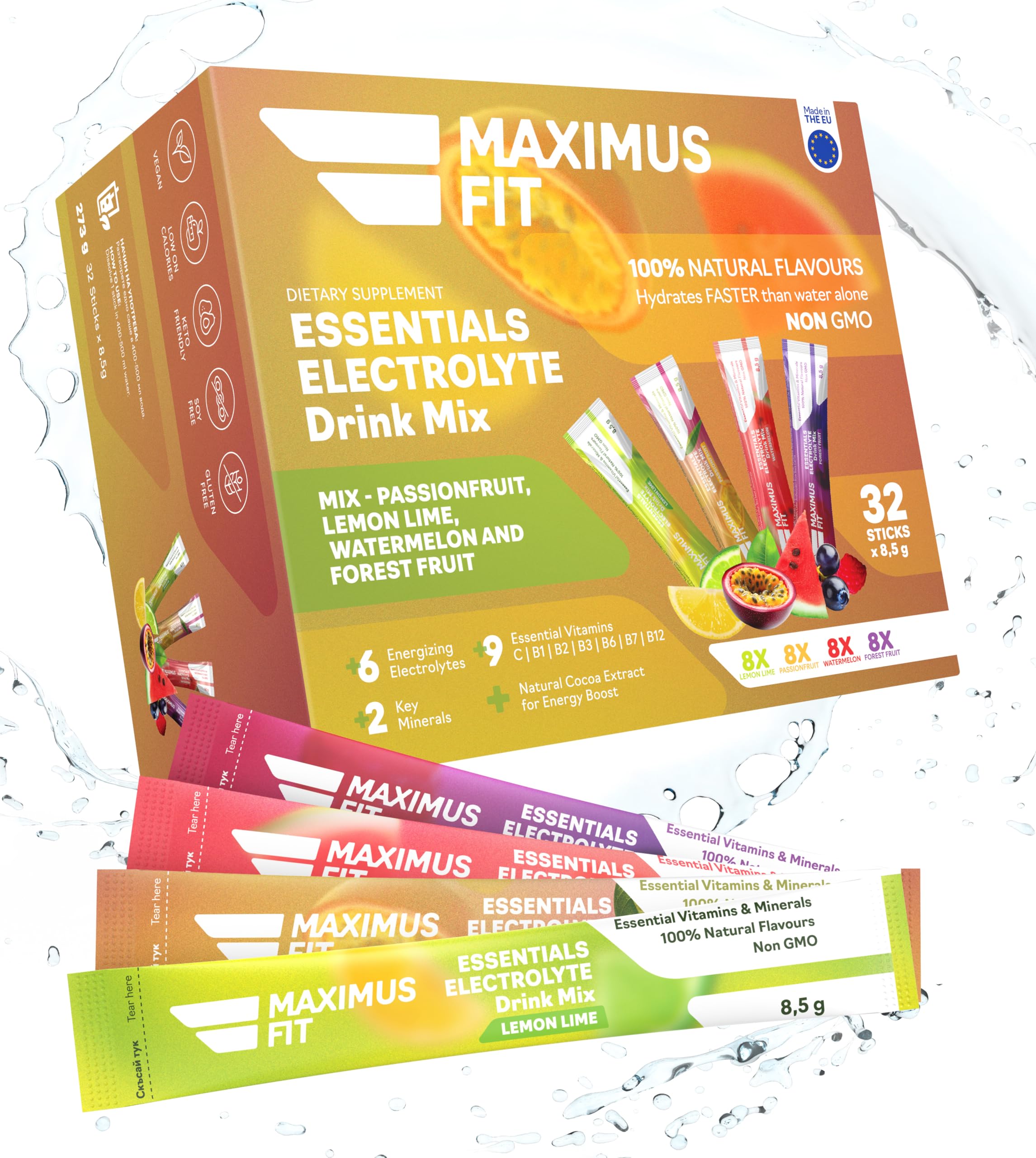 Maximus Fit Elektrolyt Pulver – Elektrolyte für Sport, Energy Drink Mix - Natrium, Magnesiumcitrat, Vitamin C, B1, B2, B3, B6, B7, B12 - Natürliches Meerespflanzenkalzium und Zink – 32 Sticks