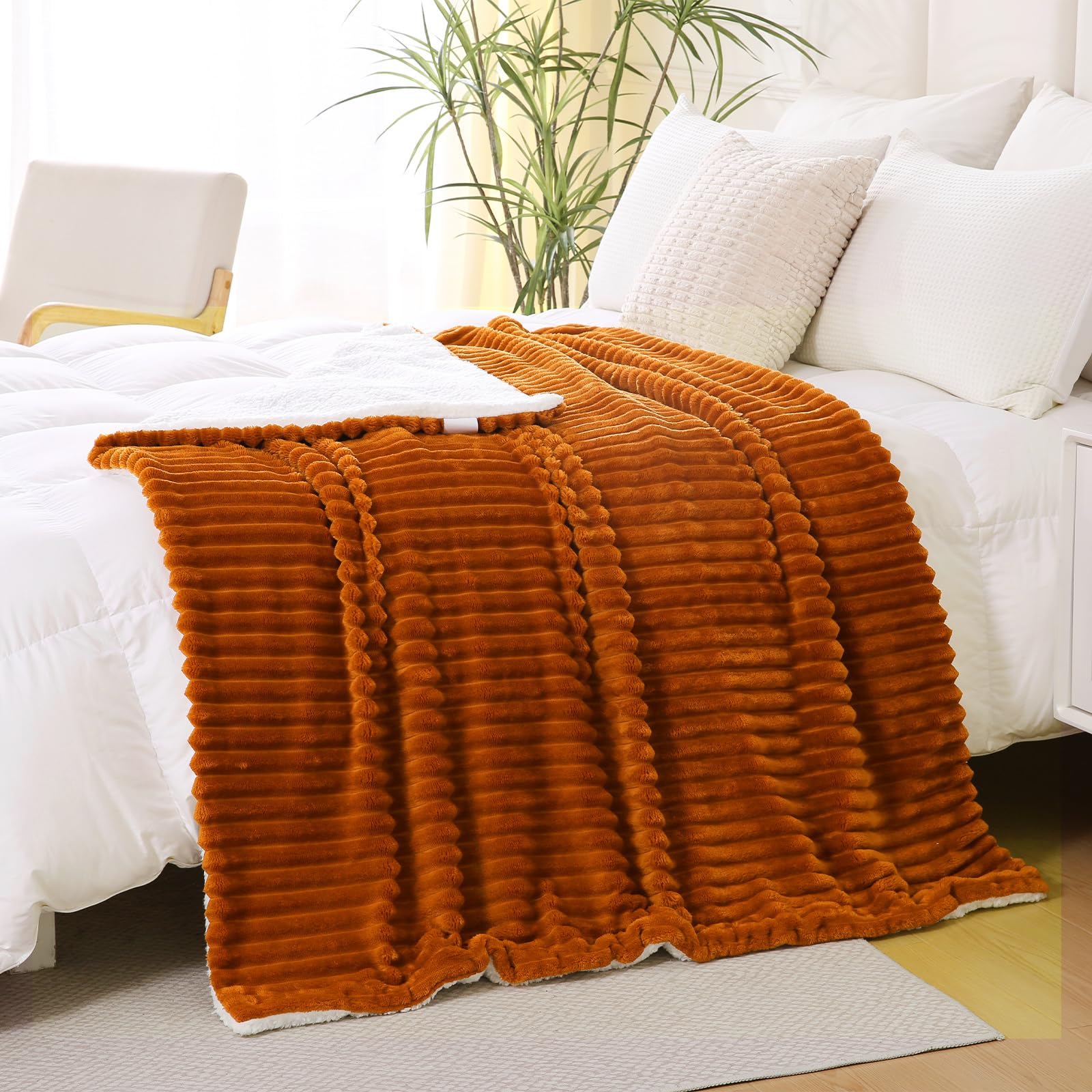 Linecooo Burnt Orange Sherpa Fleece Throw Blanket 108”×90” for Couch Sofa Bed,Super Soft Cozy Plush Double Side Thick Flannel Blanket with Striped Design Lightweight for Adults,Woman,Girls
