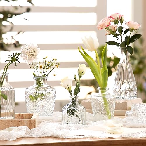 Miniatura 6 de Juego de 12 jarrones de cristal, pequeños jarrones para flores, jarrones transparentes a granel, mini jarrones vintage para centros de mesa,