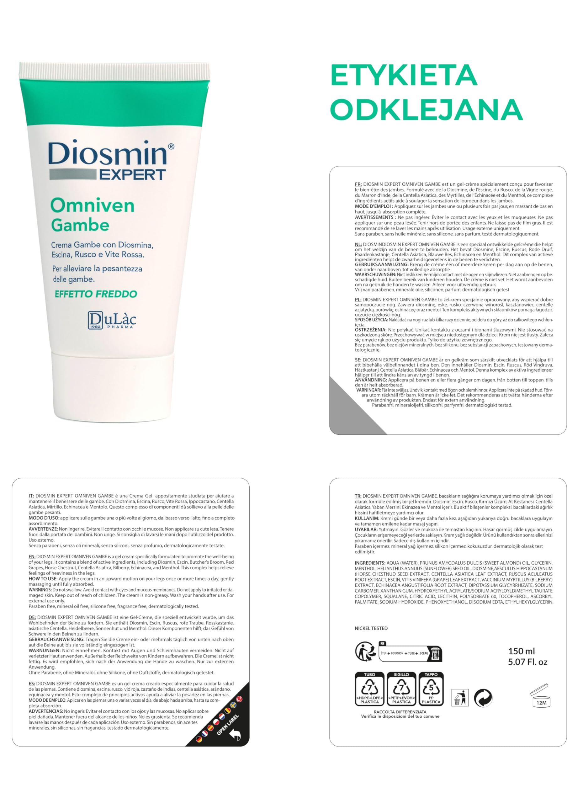 Dulac - Diosmin Omniven Krem do Nóg, Efekt Chłodzenia, 150 ml | Z diosminą, escyną, ruszczykiem i czerwoną winoroślą, dla uczucia lekkich nóg, Made in Italy