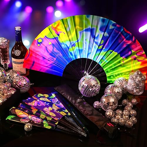 Miniatura 5 de Qunclay Ventilador de mano plegable grande con brillo UV, 12 piezas para hombres y mujeres, ventilador de mano chino japonés con mariposa arcoíris