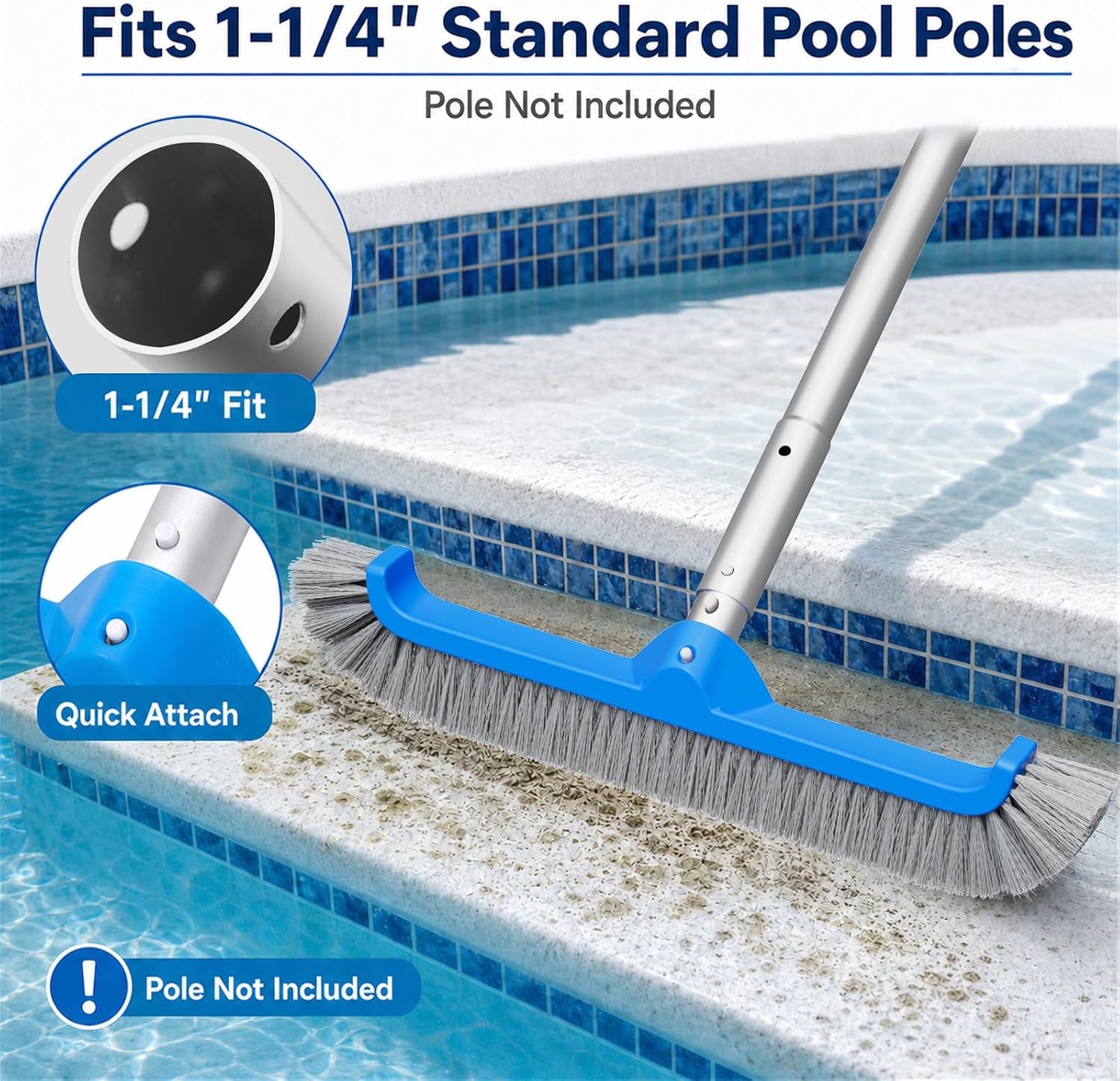 TidyMister 17.5" Pool Brush Head, Wave Bristles Pool Scrub Brush with Curved Ends for Walls, Floors, Steps & Corners, Fits 1-1/4" Standard Poles, for Inground & Above Ground Pools, Blue