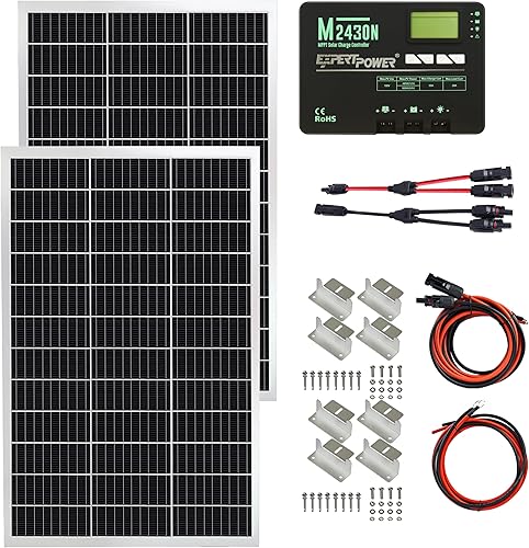 ExpertPower Kit de panel solar  Panel solar mono de 200 vatios de 12 voltios + controlador de carga solar MPPT 30A 12V24V, para RV, marina, cabina,