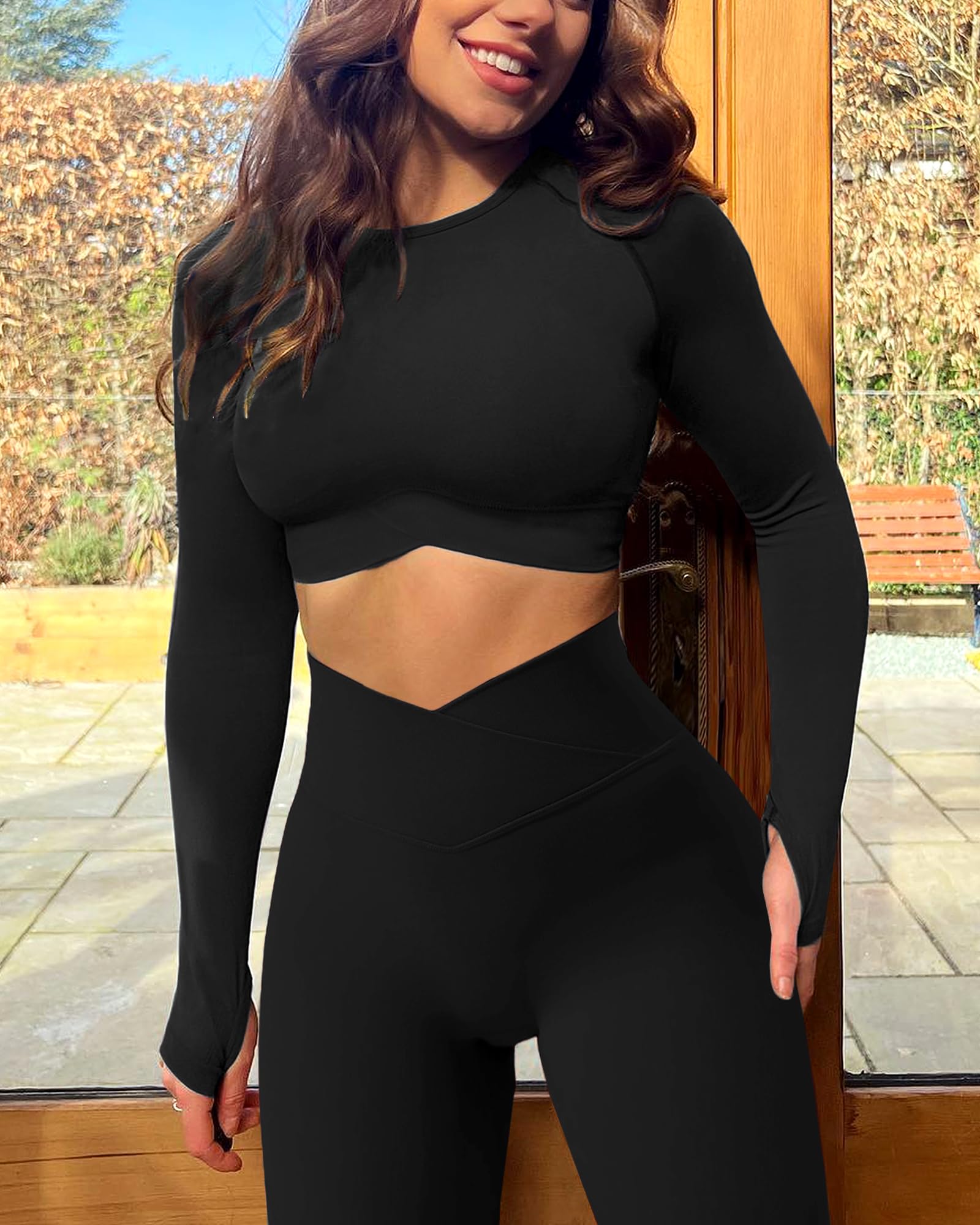 Navneet Scrunch Ensemble tenue, pour sport, gymnastique, entraînement, fitness, à manches longues, haut avec dos nu, legging