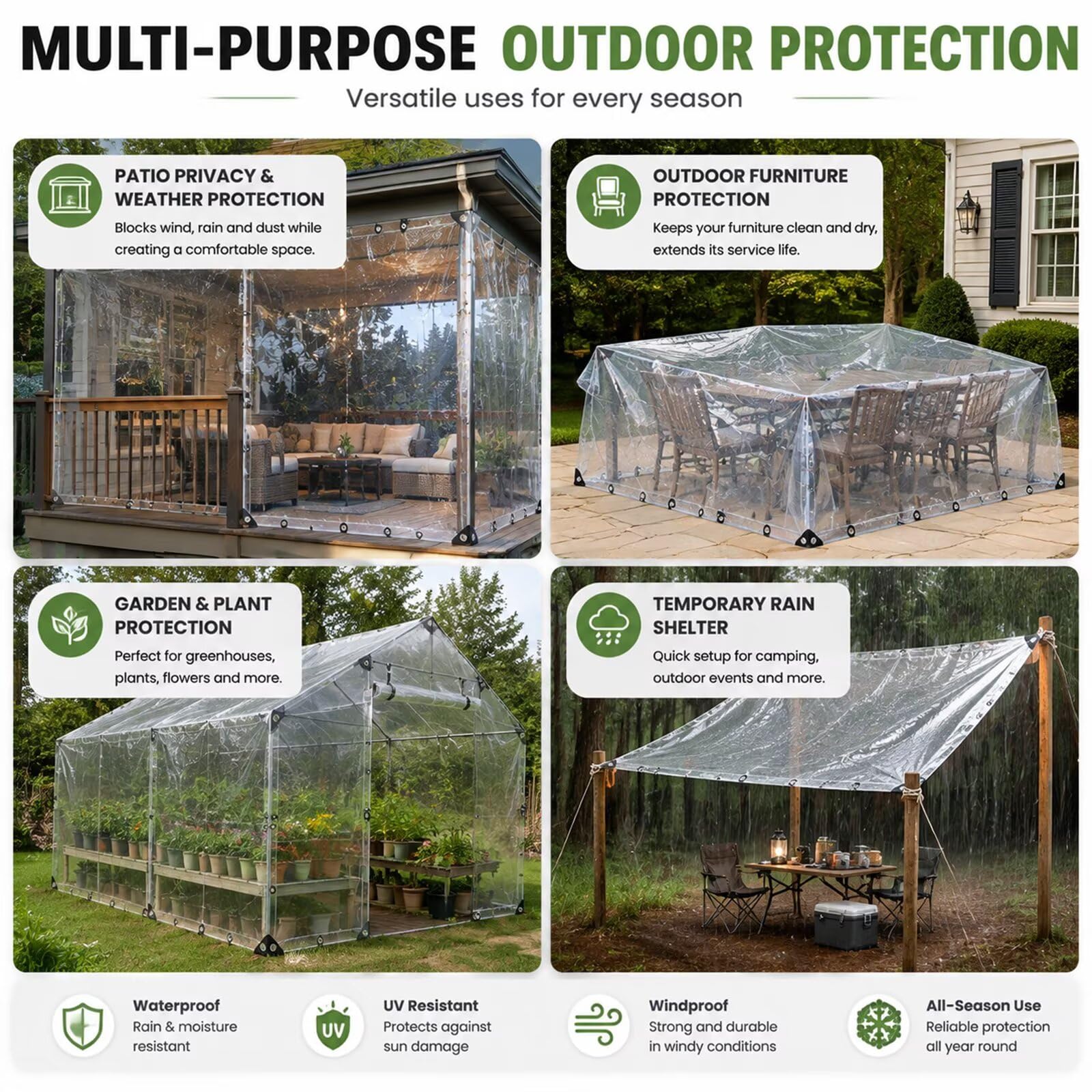 2.2×2.5m wasserdichte Transparente PE-Abdeckplane mit Ösen - UV-beständige & Reißfeste Gewächshausfolie für Garten, Balkon, Baustelle & Haustiergehege-Wetterfeste Baufolie mit Verstärkungsband Plane