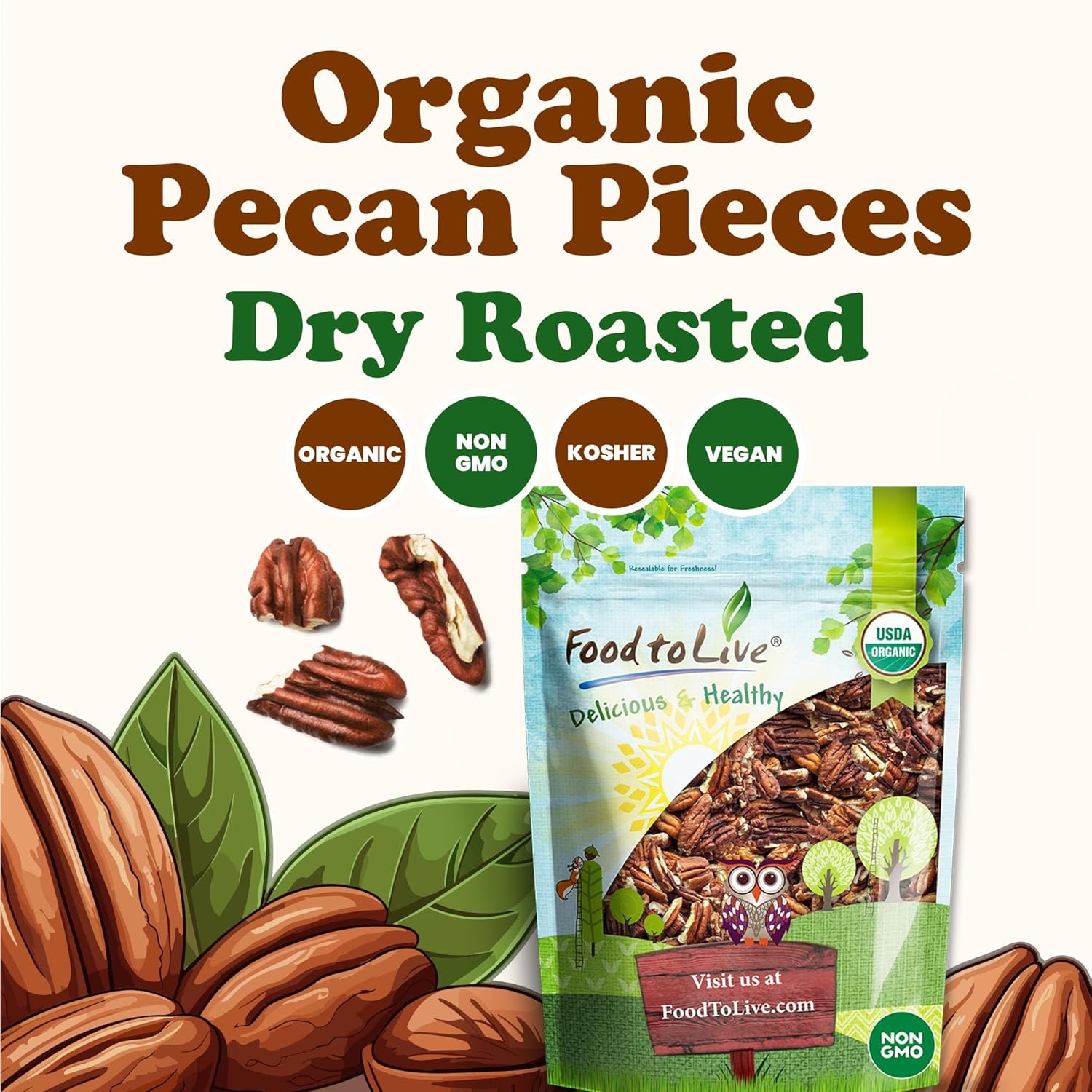 Food to Live Organic Dry Roasted Pecan Pieces, 1.5 Pounds – Oven Toasted, No Oil Added, Unsalted, Rich in Flavor and Crunch Nuts, Perfect for Cooking, Baking and Snacking, No-GMO, Vegan, Kosher, Bulk