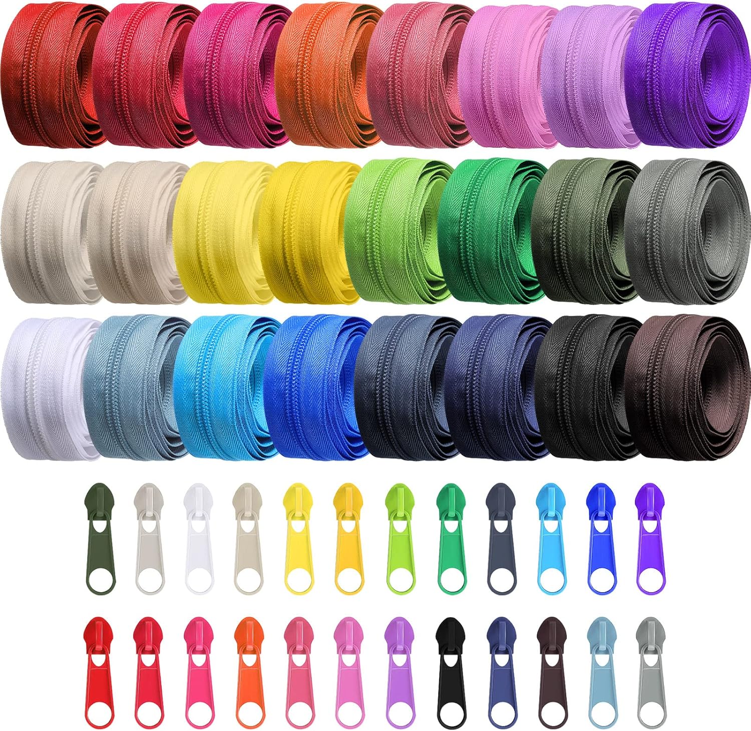 Syhood 24 Colors Zipper Repair Kit, #5 Nylon Coil Sewing Zippers Sewing Supplies Zipper Tape Zippers by the Yard with 96 Pcs Zip Pulls Sliders Purse Hardware for Bags Making(24yard,Dark Morandi)