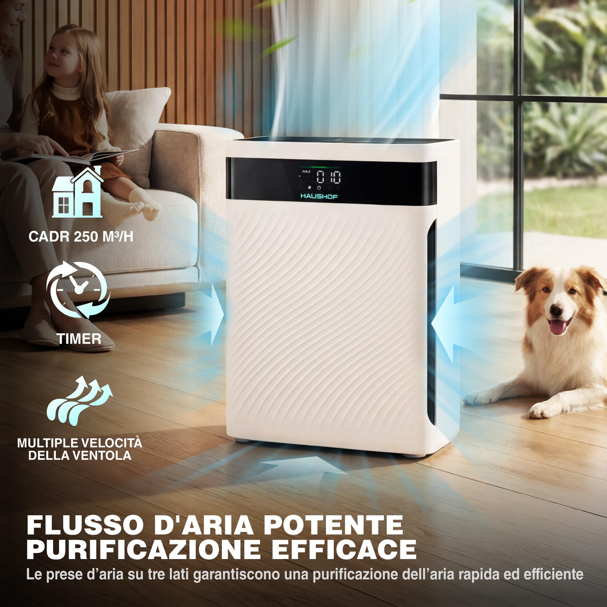 HAUSHOF Purificatore d'Aria con Filtro HEPA, Rimuove 99,97% di Polvere | Polline e Peli, CADR 250 m³/h, Display PM2.5, 30 dB, Aromaterapia, per Uffici e Casa.
