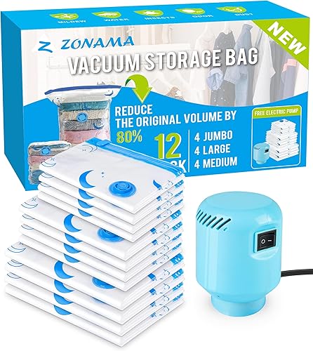 Vacuum Storage Bags with Electric Pump, 12 Pack Combo Size Space Saver Bag for Clothes, Mattress, Blankets, Duvets, Pillows, Comforters, Travel