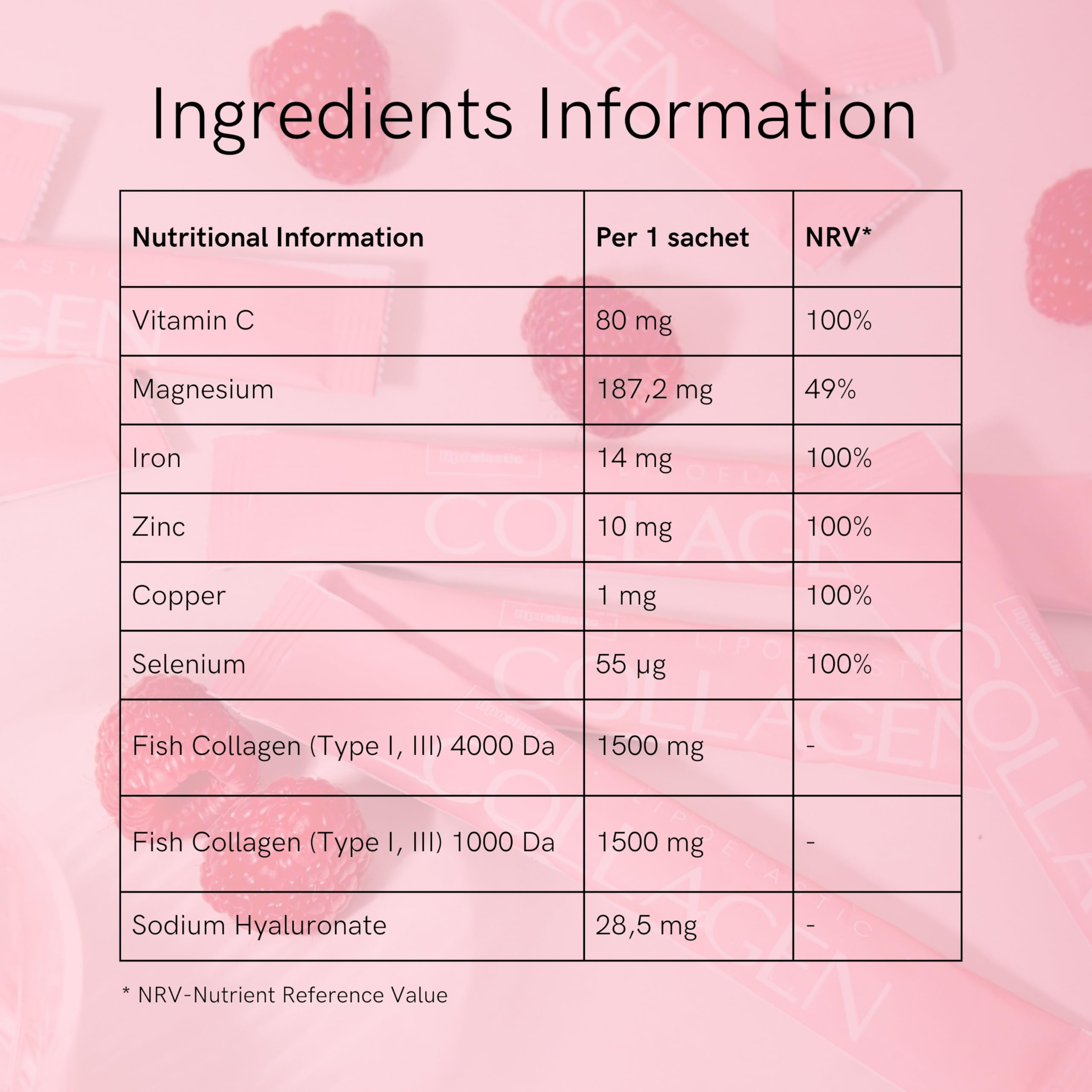 Collagene Marino con Acido Ialuronico by LIPOELASTIC - Integratori per Capelli con Vitamina C, Magnesio, Ferro, Zinco - Polvere al Gusto Lampone - 30 Bustine-Donne e Uomini.