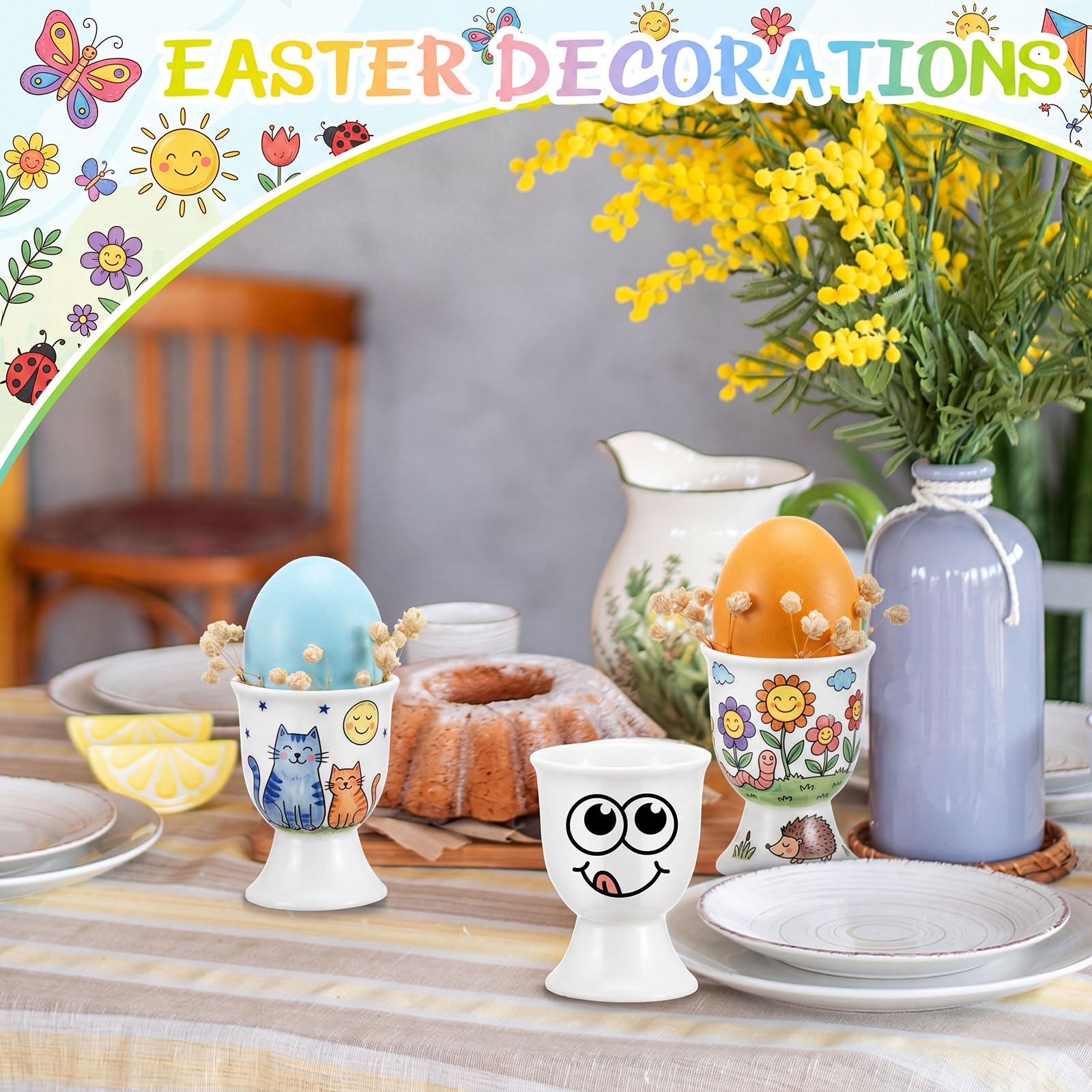 Sinmoe 6 Coquetier Oeuf en Ceramique Peindre Votre Propr Coquetier avec 12 Pièces 24 Couleurs Stylo en Porcelaine et Boîte de Cadeau Support pour Œuf à la Coque pour DIY Cadeau Pâques Anniversaire