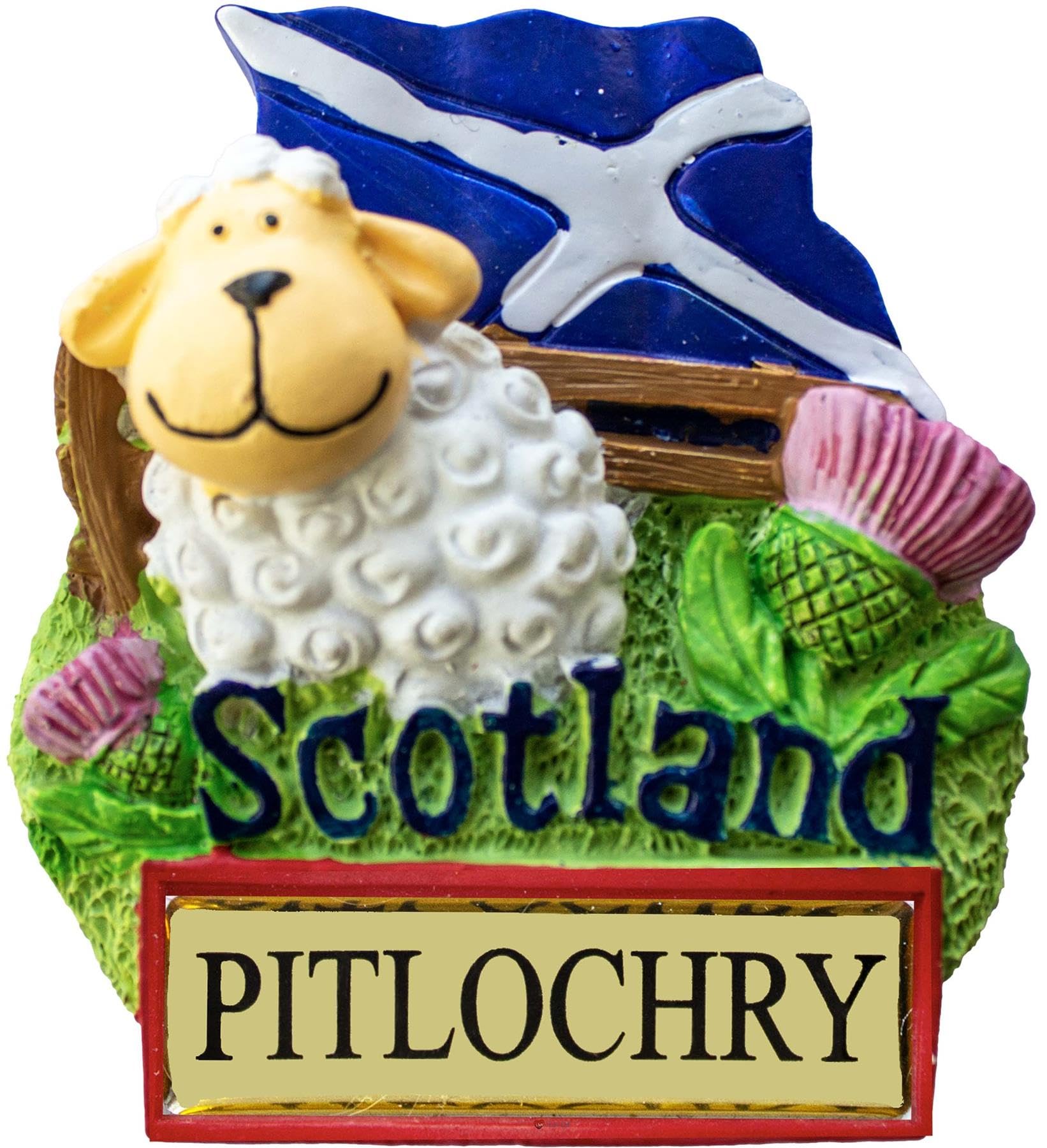 I Luv Ltd Pitlochry Fridge Magnet, Sheep In Field With Scotland Flag And National Flower Thistle, Scottish Gifts