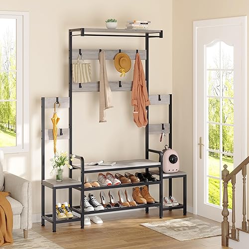 Miniatura 4 de JAMFLY Perchero de árbol con banco, banco de entrada de 56 pulgadas con almacenamiento para zapatos y ganchos para abrigos, organizador grande para