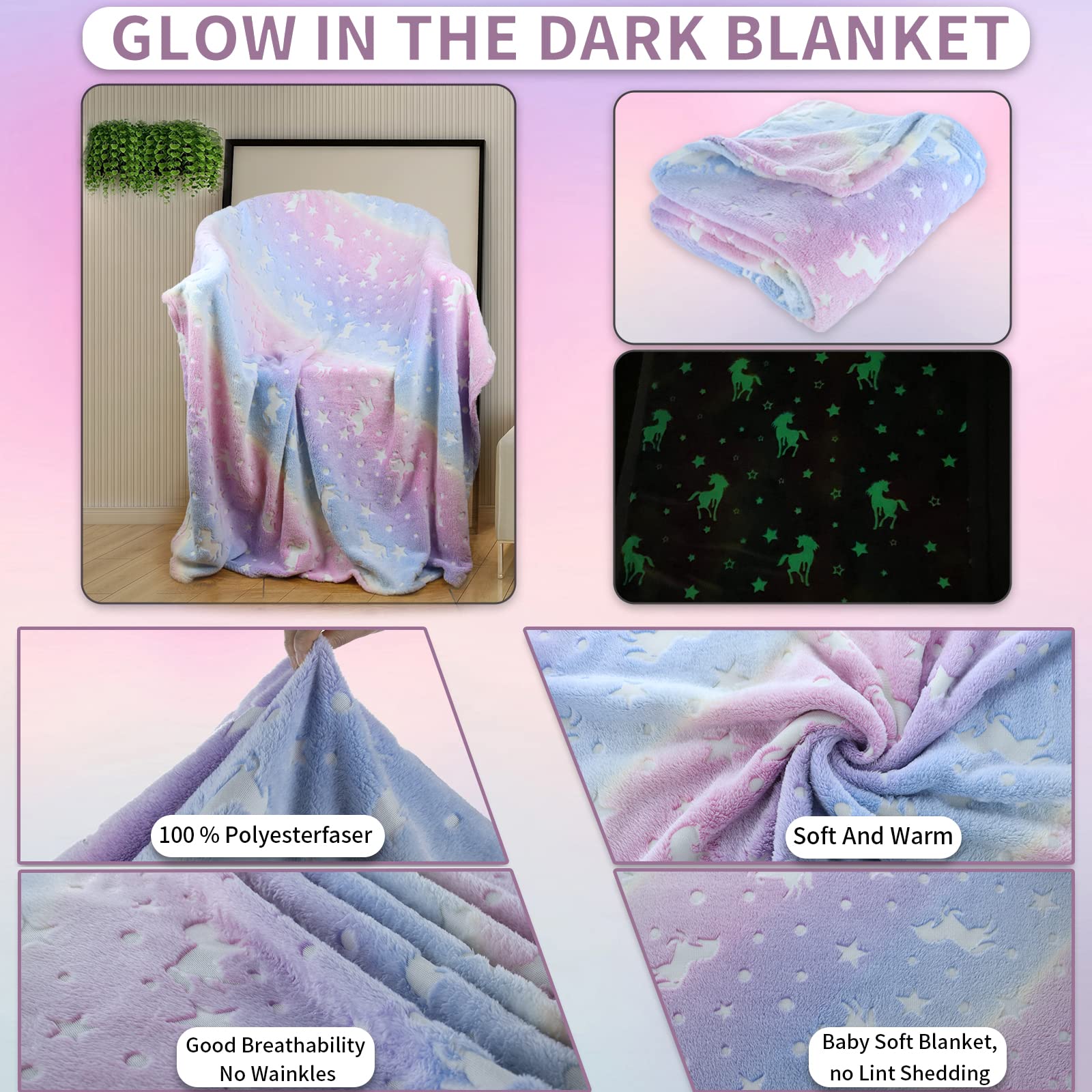 HSGLGNA Coperta per bambini, con unicorno, luce al buio, idea regalo per ragazze, super morbida e calda, coperta da letto, con unicorno, colore: rosa