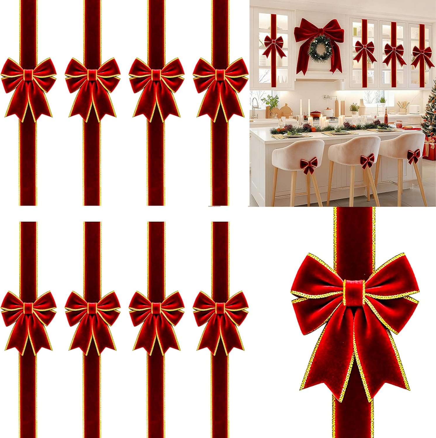 8 Pcs Large Christmas Cabinet Ribbon Bows Red with Glitter Gold Trim Thick Velvet Xmas Bow Door Cabinet Bow for Gift Christmas Tree Home Fireplace Kitchen Furniture Festive Party Decoration