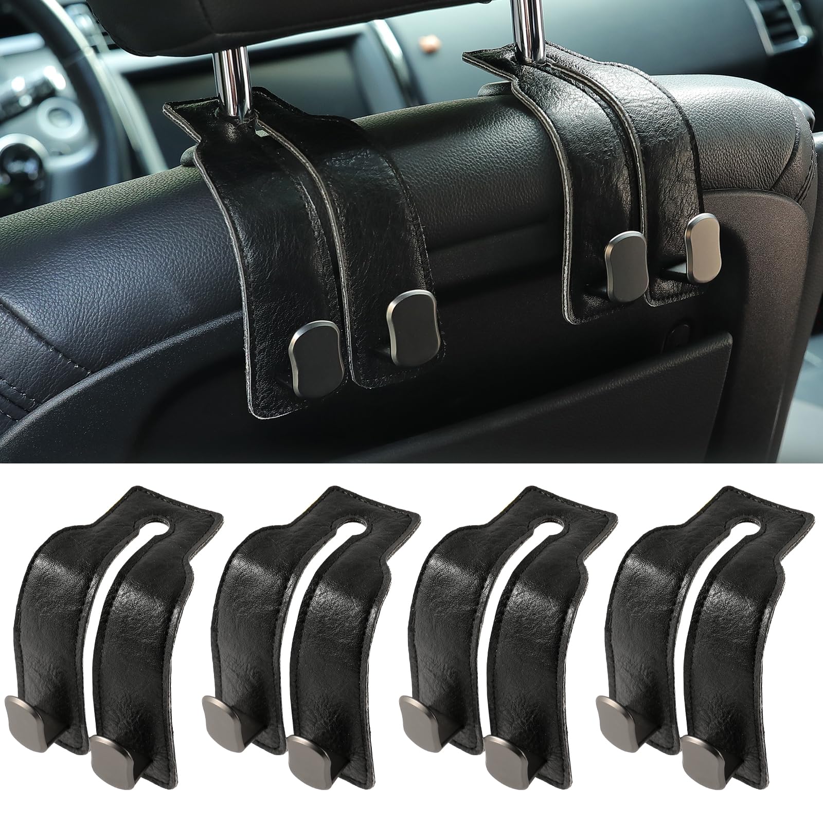 KINIVA Car Seat Headrest Storage Hooks, Set of 2, Suede PU Leather, Double Hooks (06-Black 4 Pack)