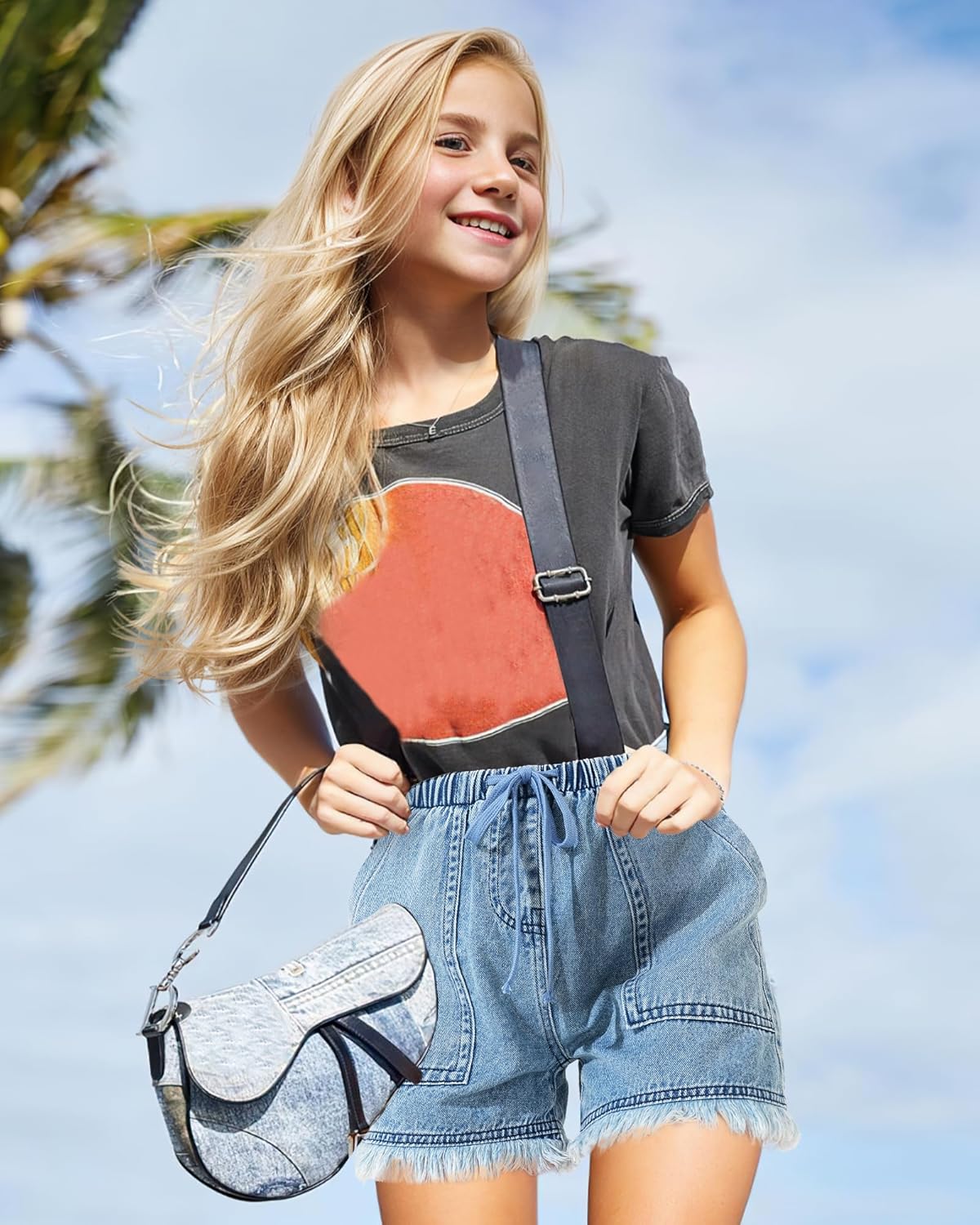 BOOPH Little Girls Jean Shorts Denim Elastic Waist Drawstring Shorty Shorts for Teen Girls - Image 3