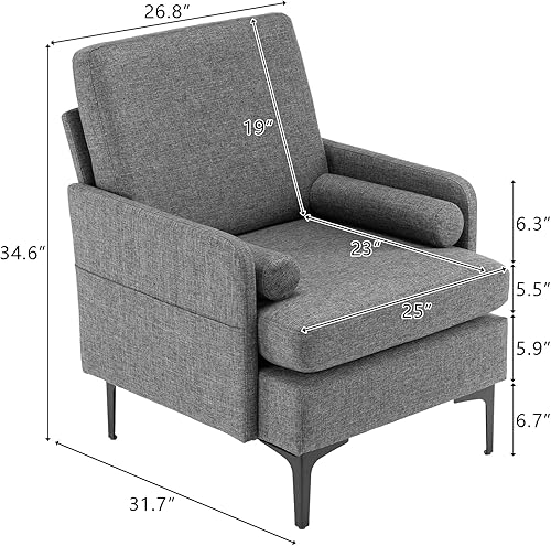 Miniatura 2 de VINGLI Silla decorativa moderna de lino gris de 25 pulgadas de ancho, silla de lectura tapizada, cómoda silla de asiento lateral, sillón para sala