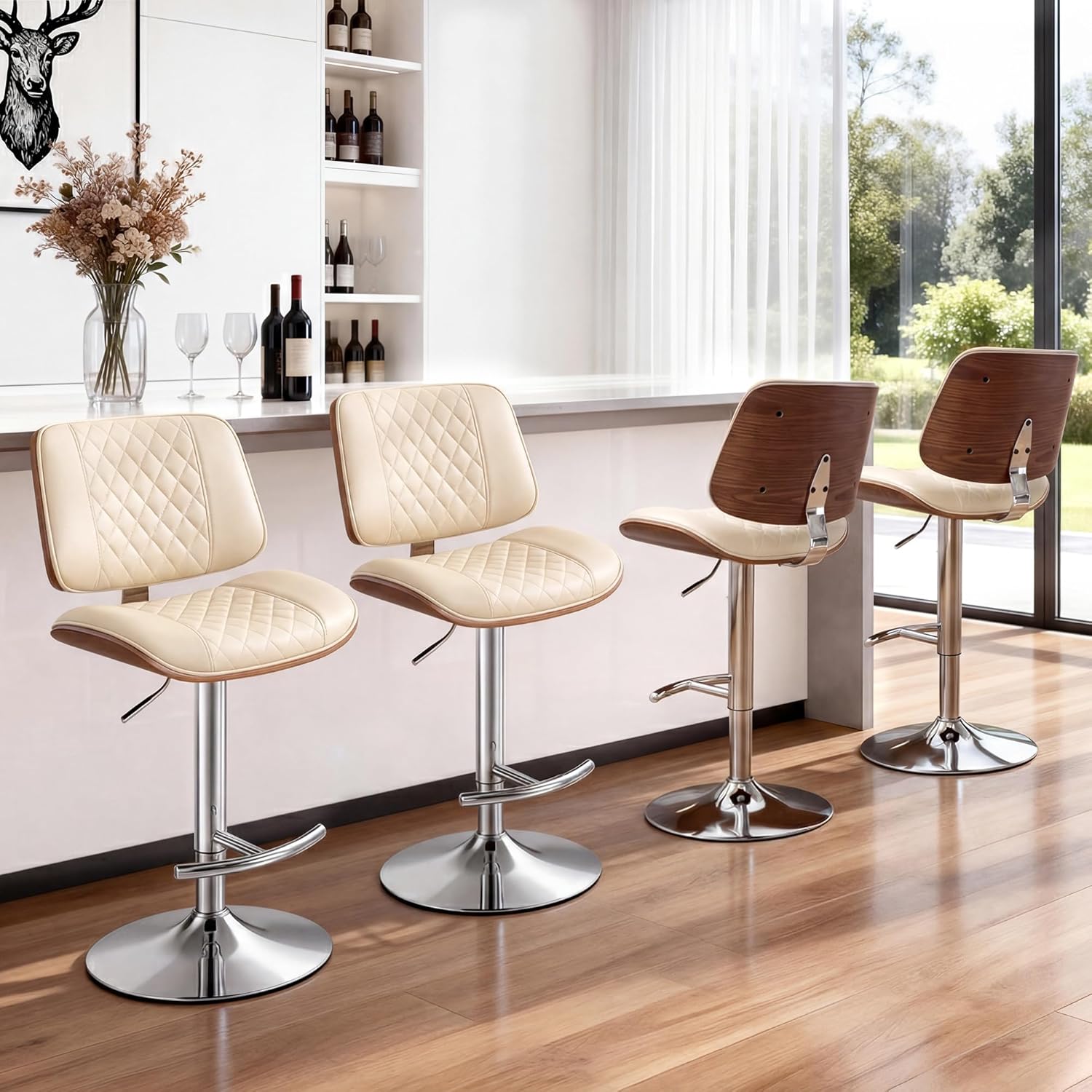 24" Bar Stools, Adjustable Swivel Counter Height Barstools with Bentwood Backs & Footrest, PU Leather Upholstered Bar Chairs for Kitchen Island, Dining Room, Cafe (PU Beige, Set of 4)