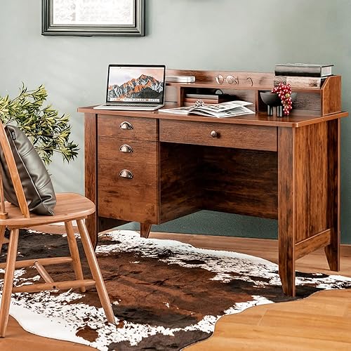 Miniatura 10 de Escritorio para computadora con cajones y gabinete, escritorio de madera para oficina en casa con estantes de almacenamiento, estación de trabajo de