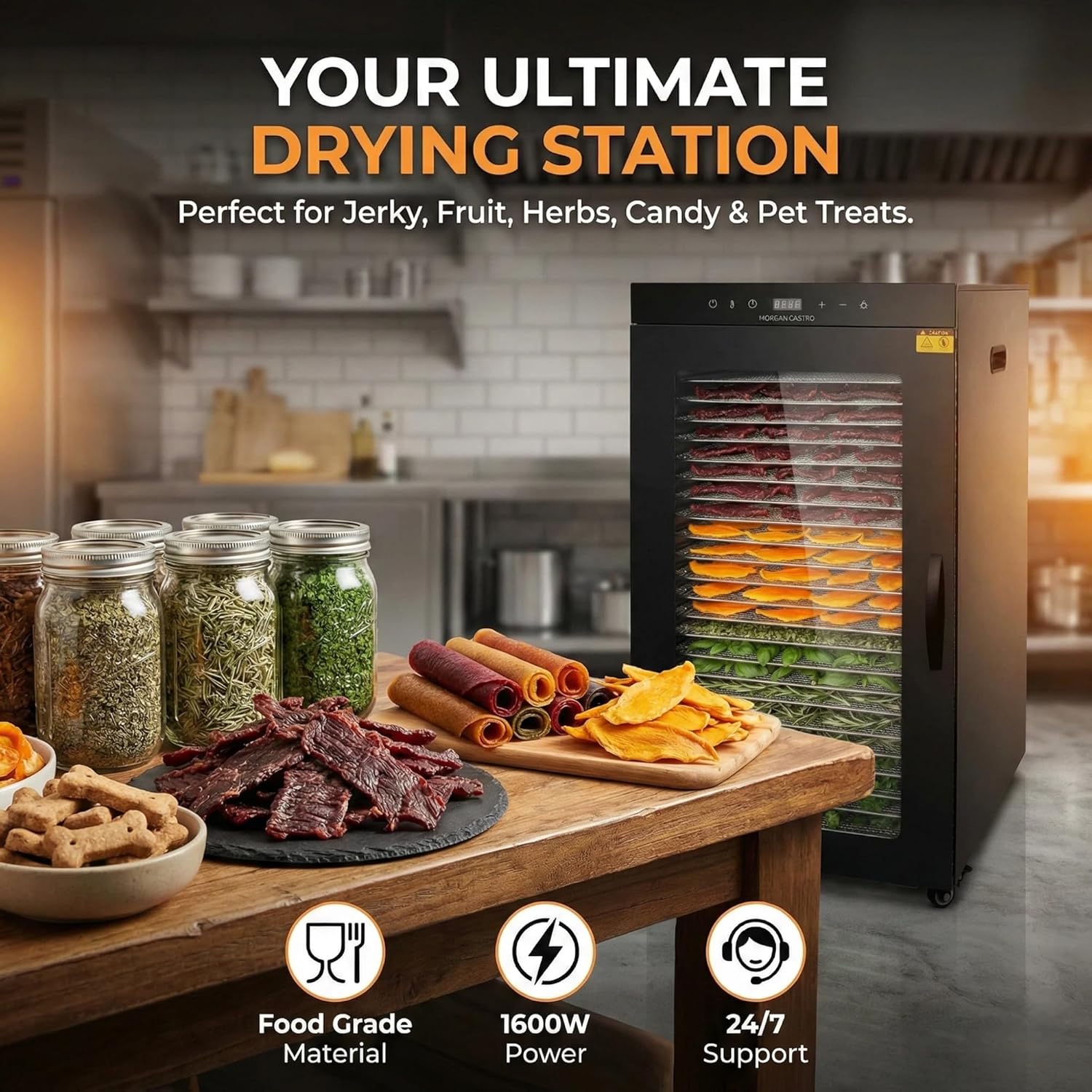 Commercial Food Dehydrator 24 Trays Black with Stainless Steel Trays, 1600W Dryer for Jerky, Fruit, Herbs & Candy, 24H Timer & 86-194°F Thermostat, 39.3 ft² Drying Area Mobile Design with Wheels