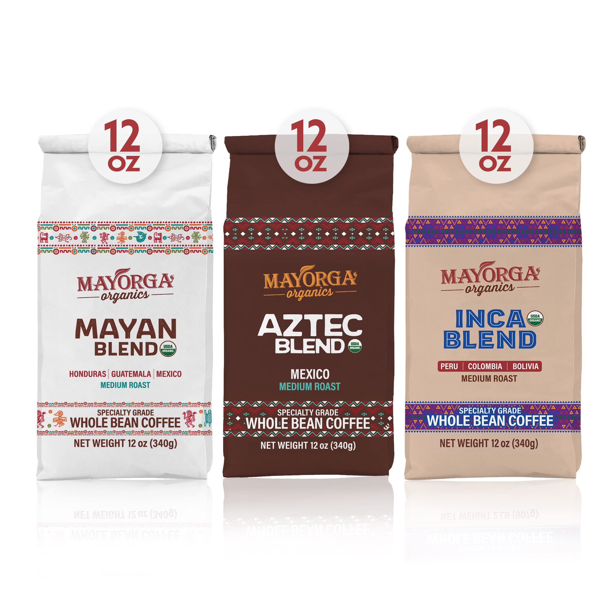 MayorgaCoffee Gift Pack of 3-12 oz Bags - Medium Roast Sampler - Mayan, Aztec & Inca Blends - 100% Arabica Whole Bean Organic Coffee - Specialty Grade, Non-GMO, Direct TradeUSDA Organic