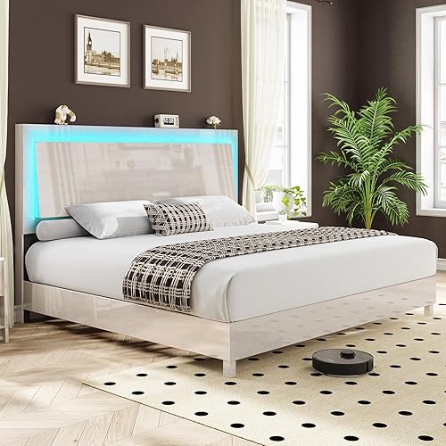 AMERLIFE Queen Size Beds Frame with Smart RGBW LED Lights, High Gloss Wooden Platform Bed Frame with Floating Ergonomic Headboard, Slats Support/Noise Free/No Box Spring Needed, White Woodgrain