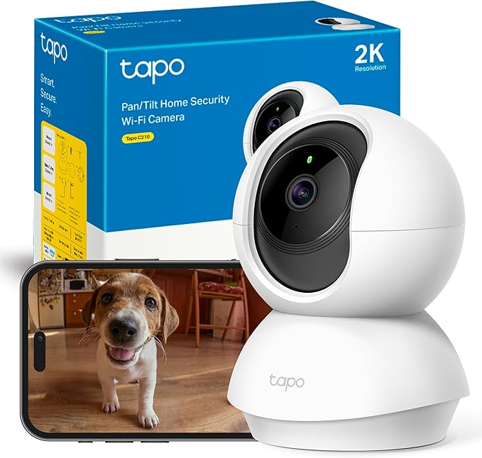 Tapo C210 - Cámara IP WiFi 360° Cámara de Vigilancia 2K (3MP),Visión Nocturna Admite Tarjeta SD hasta 512 GB, Detección y Seguimiento de Movimiento, Control Remoto, Compatible con Alexa