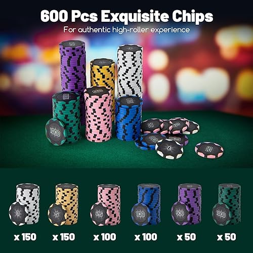 Miniatura 4 de GYMAX Juego de fichas de póquer, 600 fichas de casino Texas Hold 'em con estuche de transporte, 6 mazos de cartas, 5 dados y 3 botones de