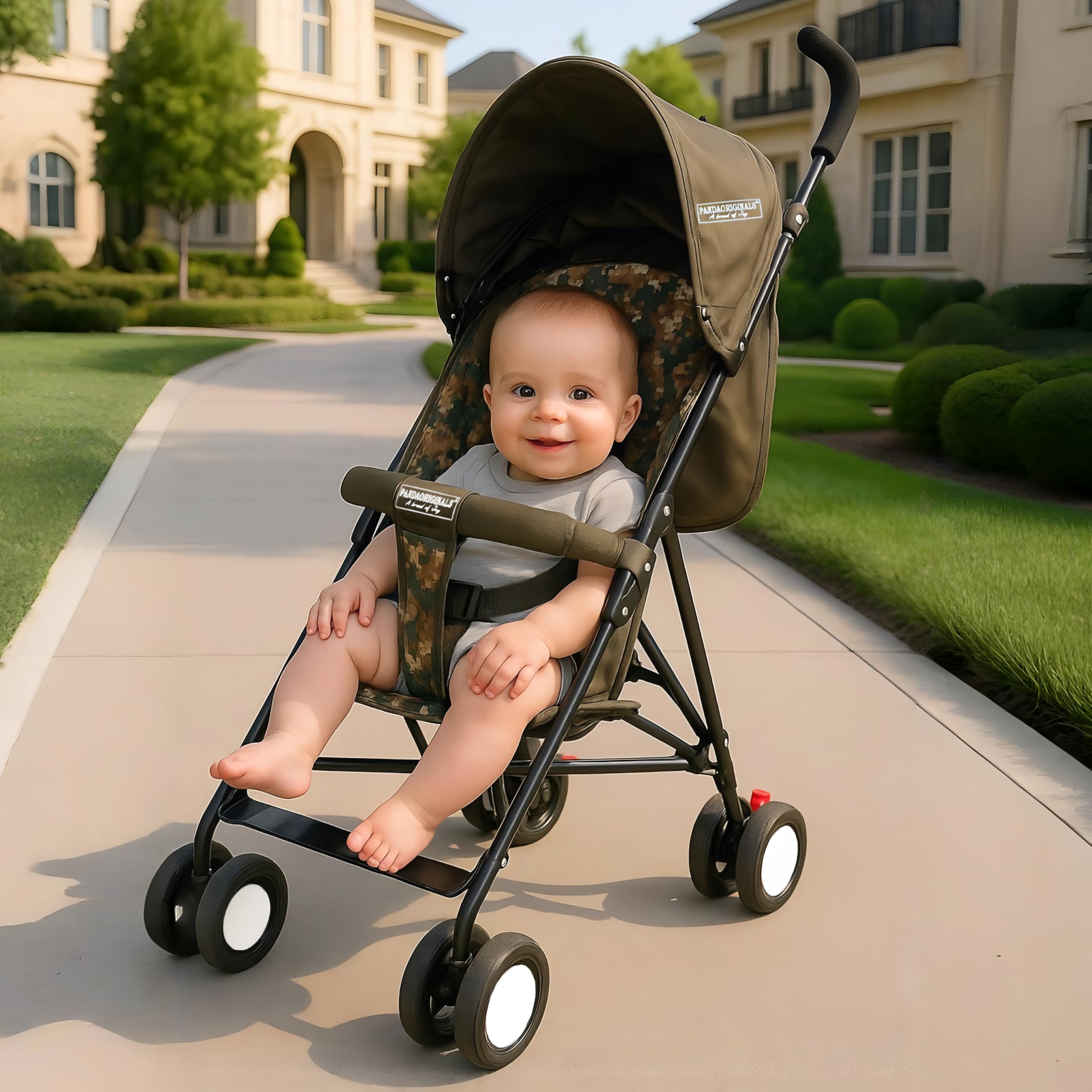 Pandaoriginals Luna Travel Buggy Stroller Pram for 6-36 Months,Safety Harness,360° Swivel Wheel Compact & Travel Friendly Extendable Canopy, Upto 15Kg (Army Buggy)