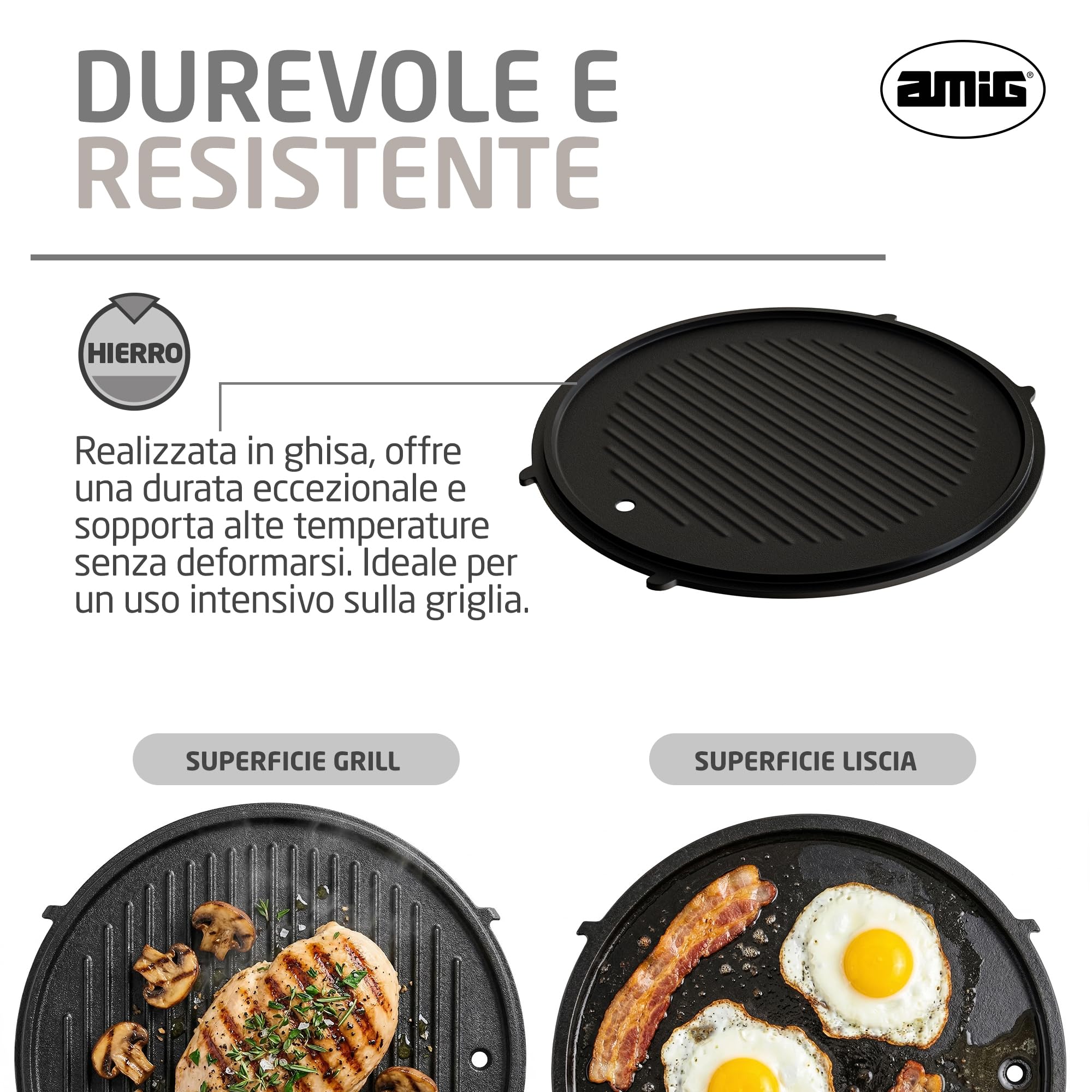 Amig - Piatto in Ghisa - Ø31 cm - Distribuzione Uniforme del Calore e Alta Resistenza - Per Barbecue a Carbone o Gas - Mod. AM37