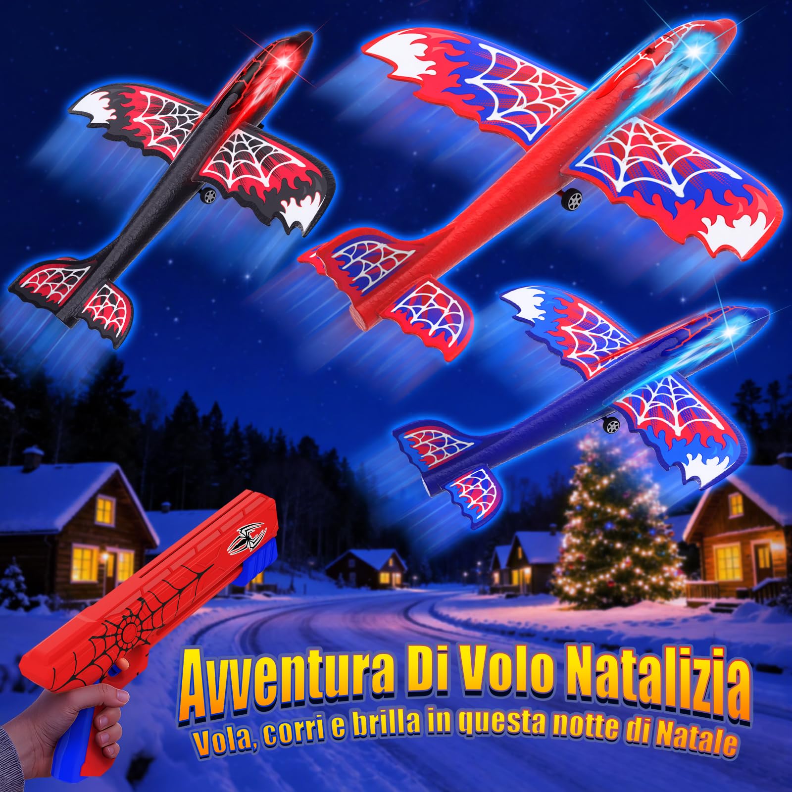 Aereo Giocattolo Lanciatore con 3 Aerei in Polistirolo, Occhi Luminosi e Ali Ragnatela Stile S-pider,Giocattolo da Esterno Bambini 3 4 5 6 7 8 9 Anni,Regalo Bambini 3-12 Anni Maschio Compleanno Natale