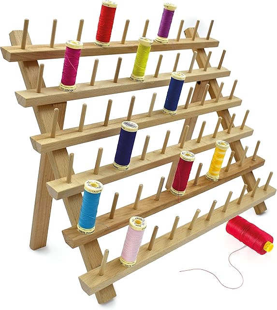 Spools Wooden 60 Thread Rack for Cotton Reel Holder and Sewing Thread Organisation, Hanging Hooks Free Standing or Wall Mounted - Hooks for Sewing, Quiltying, Embroidery, Hair Braiding