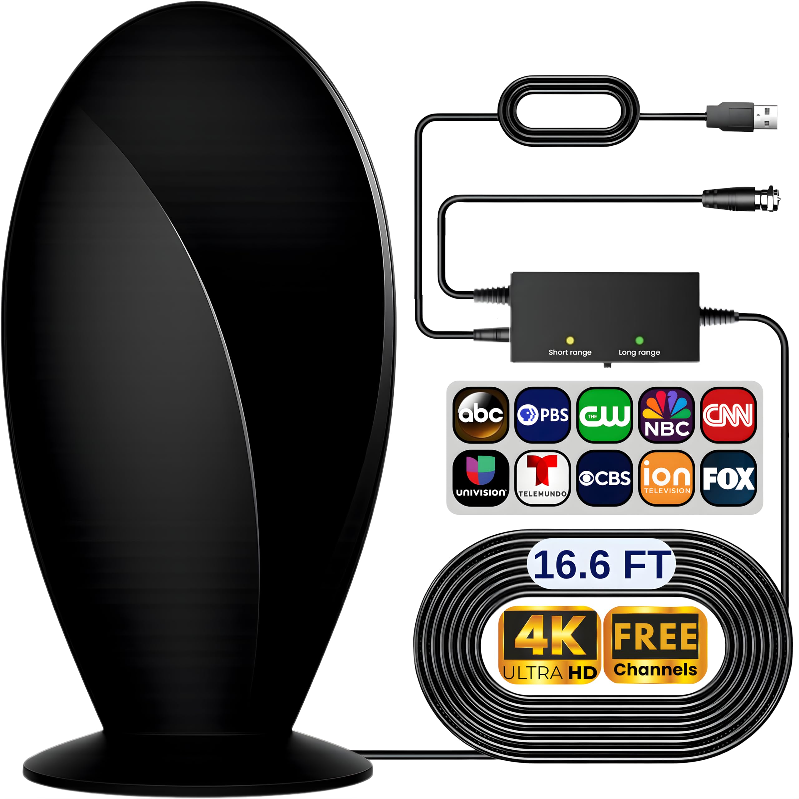 View 1 of 2026 Antenna for Smart TV and Older TV, Long Range 360° Reception TV Antenna Indoor with Amplifier Signal Booster, Digital TV Antenna for Local Channels with 4K 1080P Quality (CurvePlate)