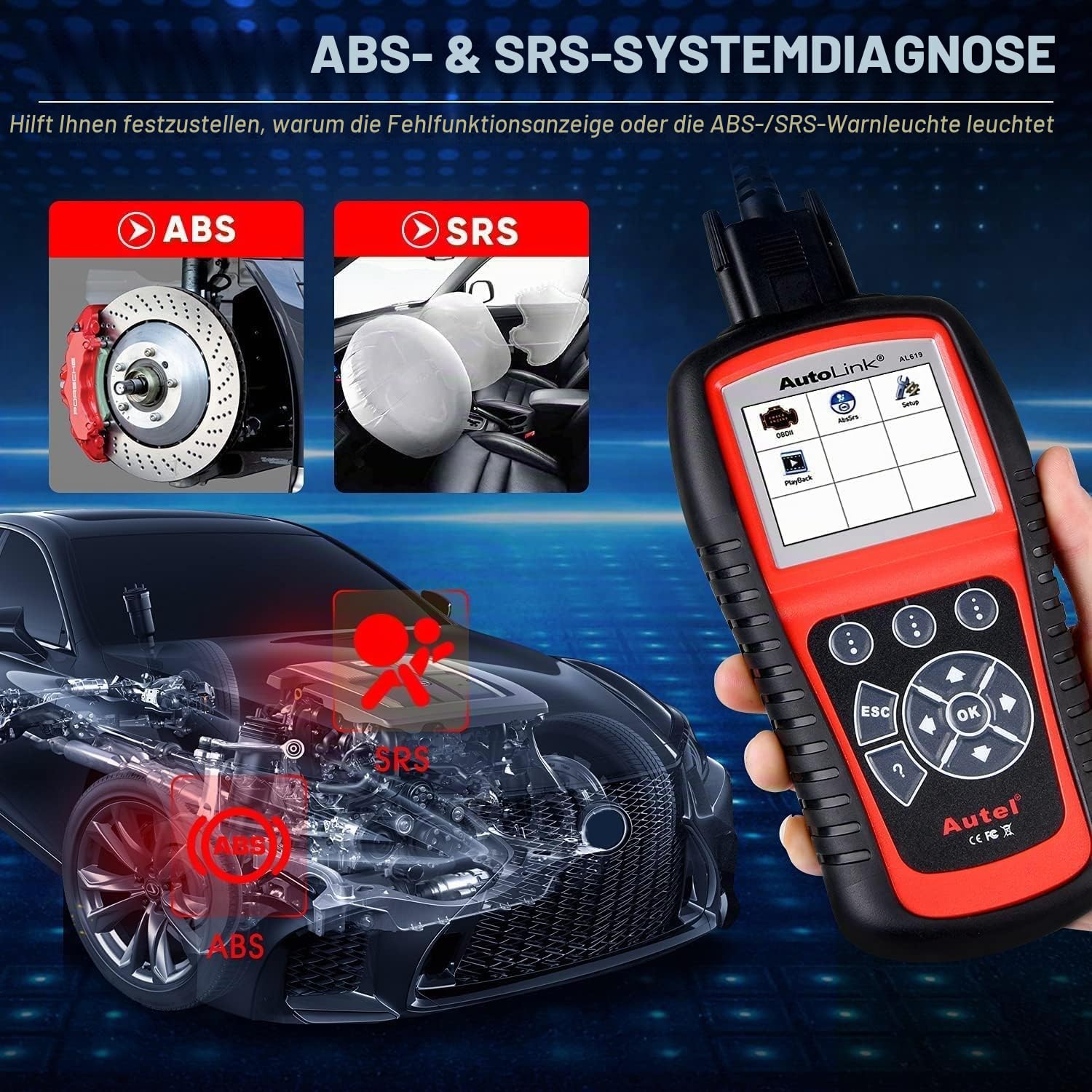 Autel AutoLink AL619 OBD2 Scanner, Auto ABS SRS Diagnosegerät | Zurücksetzen der ABS SRS Warnleuchten, OBDII Funktion mit Live-Daten, Ready-Test, Erweiterte von ML619/ ML519/ AL519