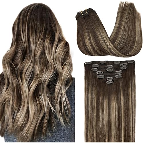GOO GOO Clip-in Hair Extensions for Women, Soft & Natural, Handmade Real Human Hair Extensions, Chocolate Brown to Honey Blonde, Long, Straight #T(4/26)/4, 7pcs 120g 22 inches