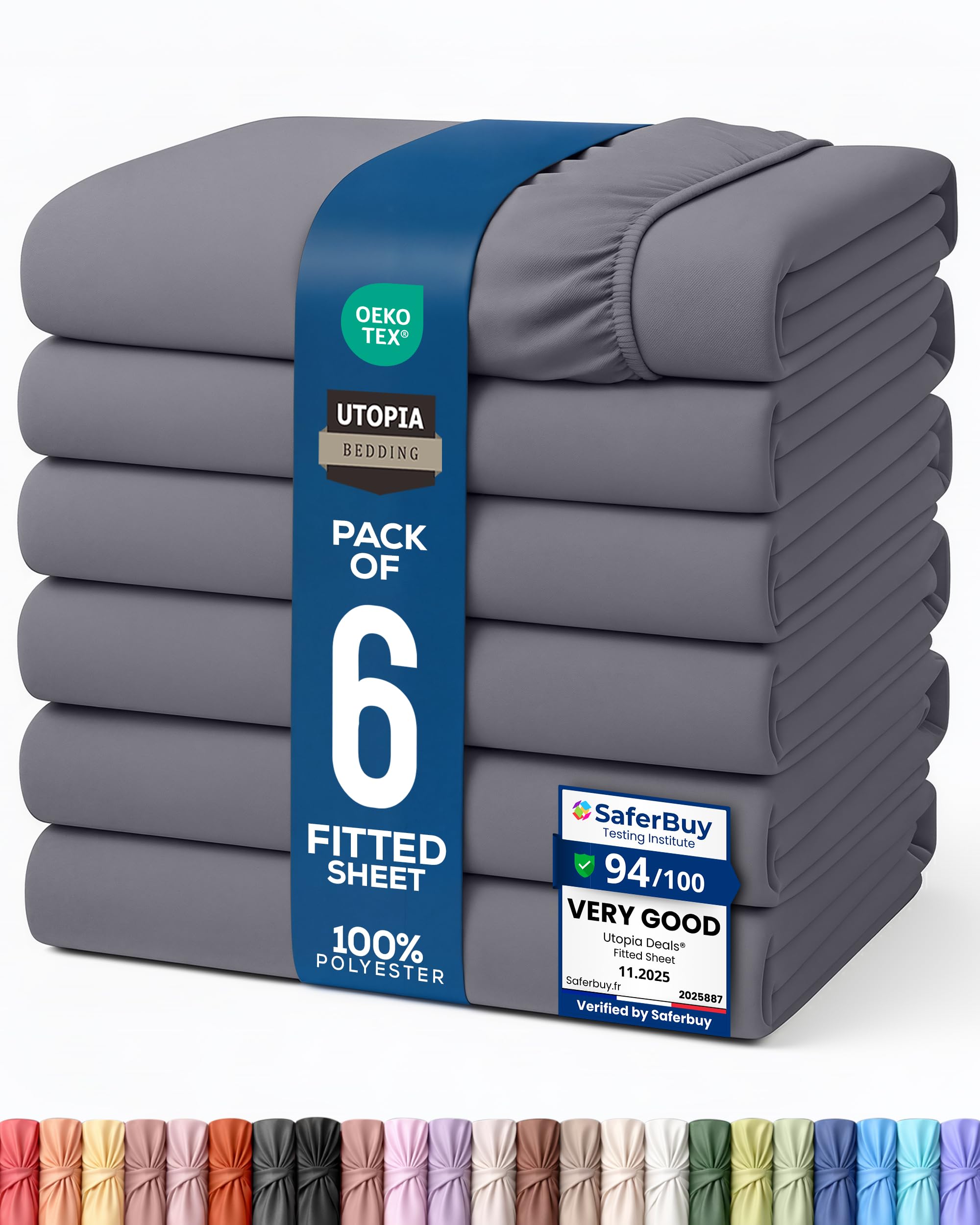 Utopia Bedding Grey Fitted Sheet (Bulk Pack Of 6) - Deep Pocket - Easy Care - Oeko-Tex Certified - Soft Brushed Microfibre Fabric - Shrinkage And Fade Resistant (Double, )