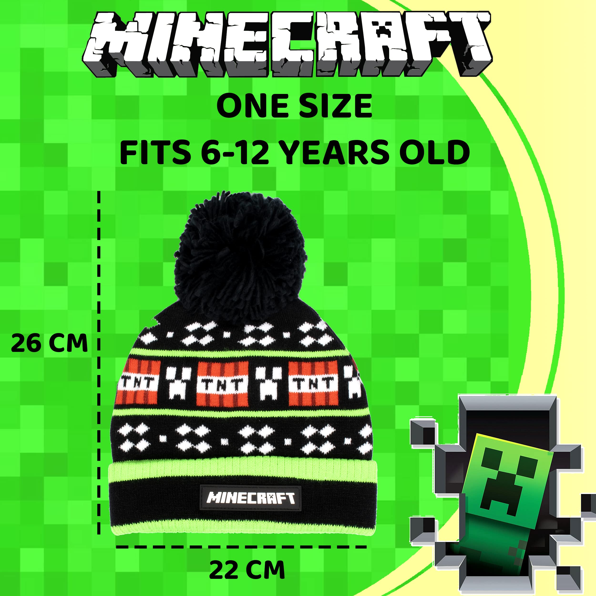 Minecraft Gorro y Guantes de Lana Negros para Niños - Diseño de Píxeles - Talla Única 6-12 Años - Mercancía Oficial