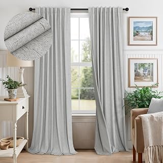 Extra Long White Gray Blackout Curtains 108 Inch Long for Living Room 2 Panel Lightweight Linen Textured Total Black Out Darkening Light Grey Drape for Sliding Glass Doors Back Tab Pocket 9ft Length