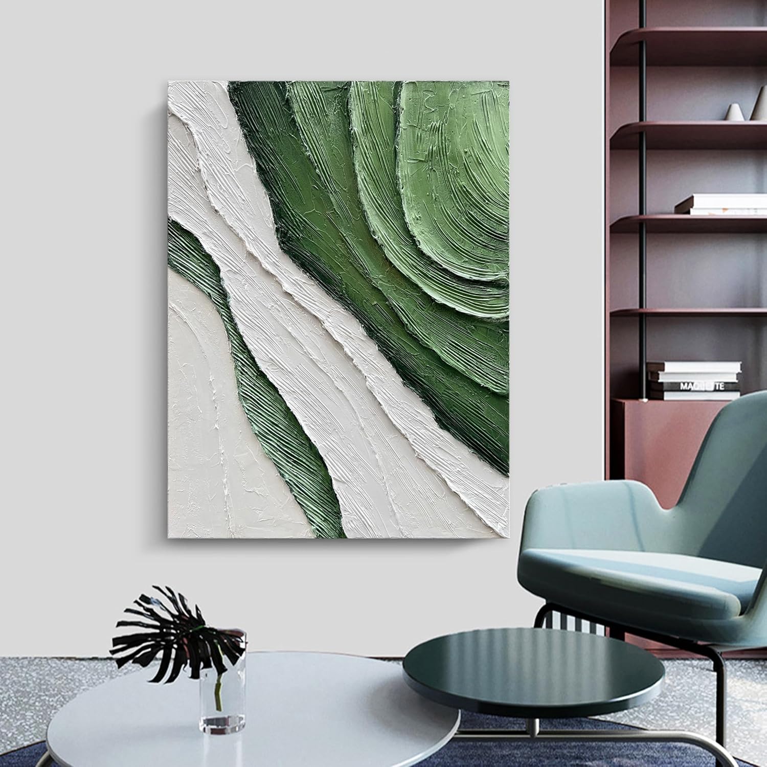 Diathou Art Hand-painted green and white textured oil paintings Modern abstract canvas art home wall decoration 40x28 inches