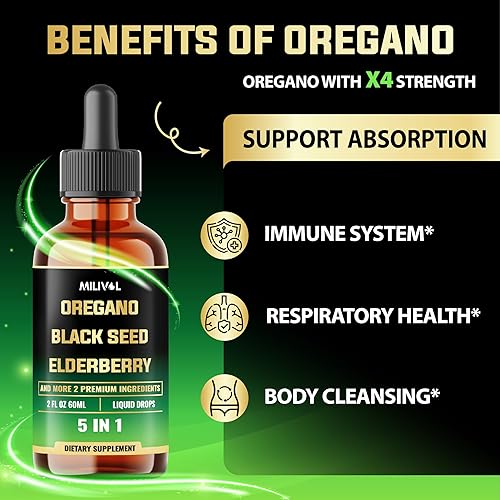 Miniatura 4 de Gotas líquidas de aceite de orégano 5 en 1 con semillas negras, saúco, ajo, hoja de olivo, suplemento de apoyo inmunológico, 2 onzas líquidas