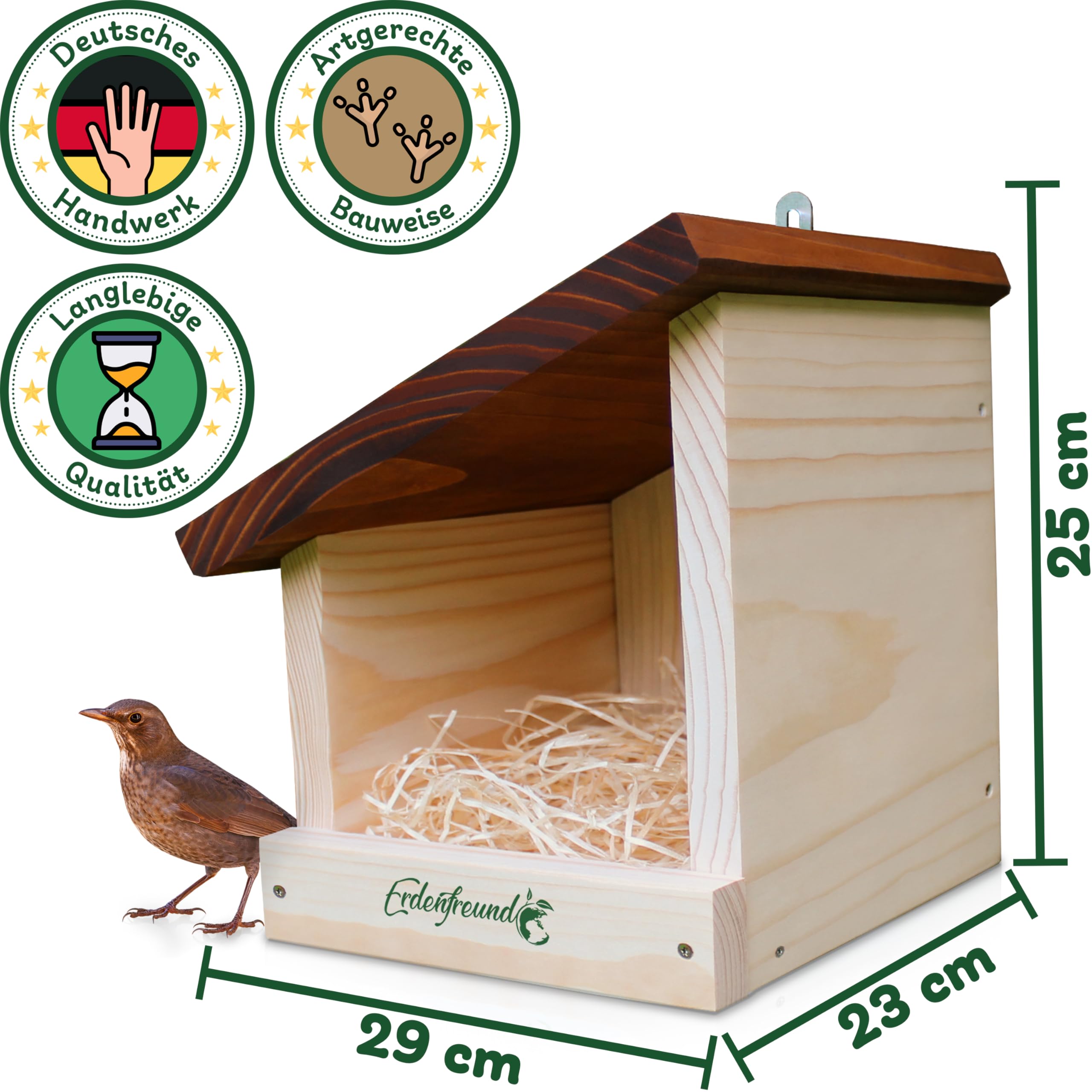 ERDENFREUND® Amsel Nistkasten halboffen extra für Freibrüter/Halbhöhlenbrüter Nistkasten Amsel artgerechte Halbhöhle langlebig aus 2 cm starkem Massivholz (Amselhaus modern artgerecht)