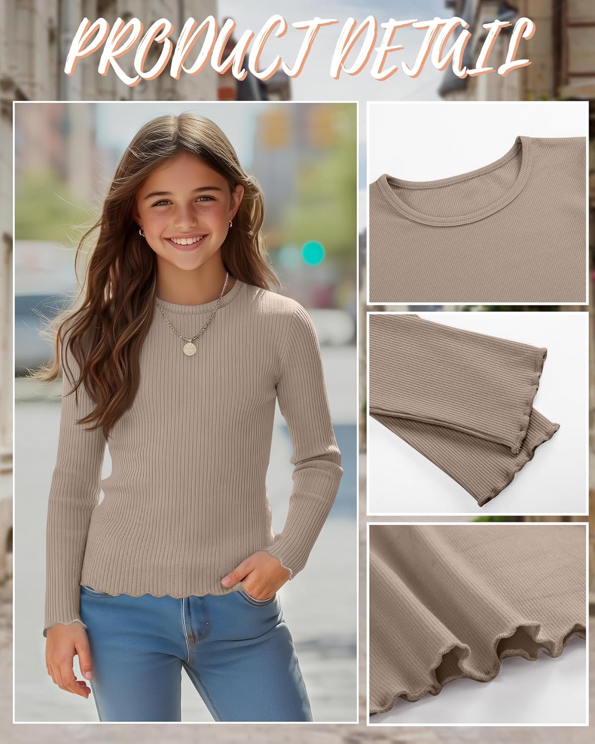 3 Pack Girls' Long Sleeve Tops Crewneck Ribbed Tees Shirt Cotton Lettuce Trim Cute Undershirt Base Layering - Image 5