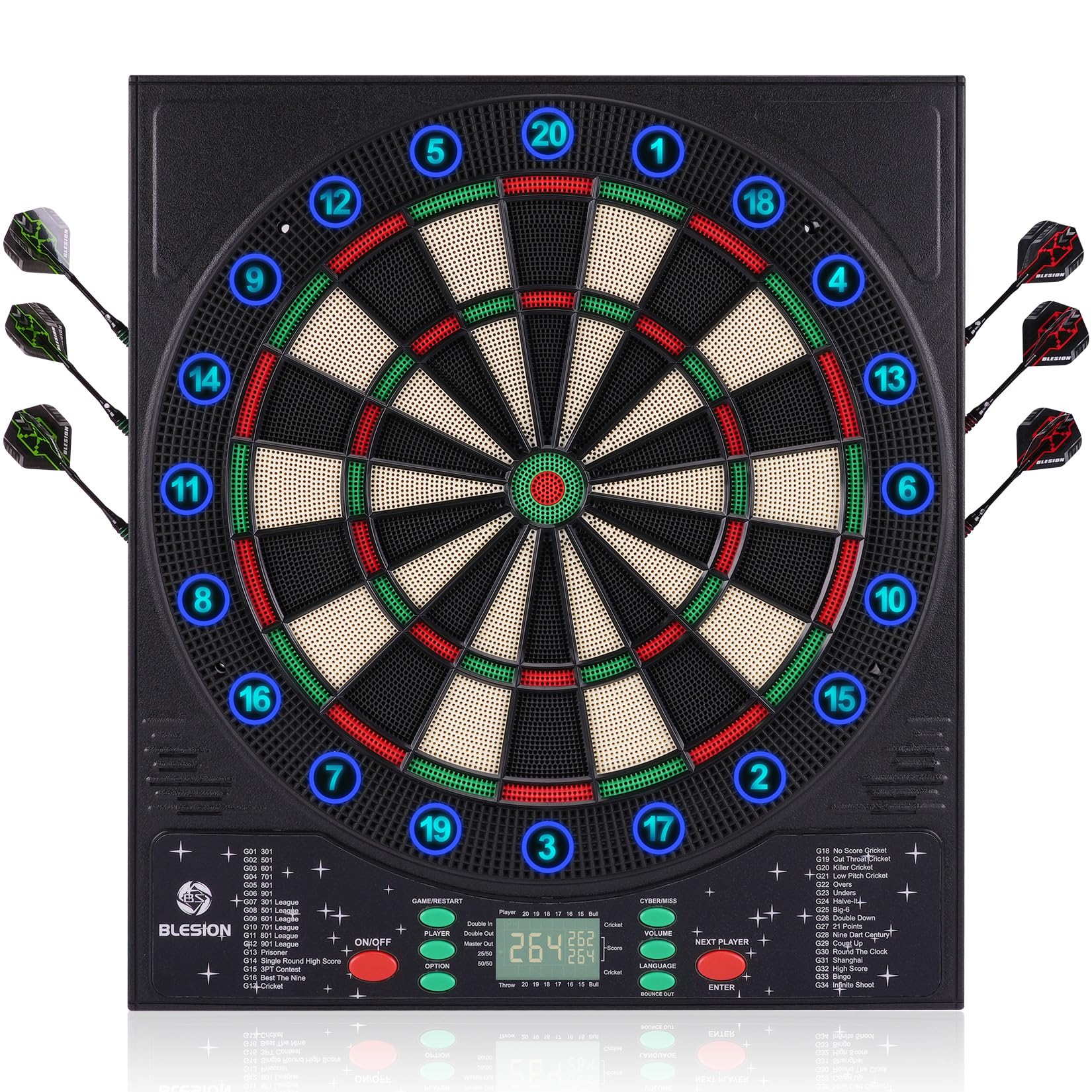 Belsion Jeu de Fléchettes Électronique avec Cible Lumière Colorée, 6 Fléchettes Pointe Plastique, 50 Pointes Souples