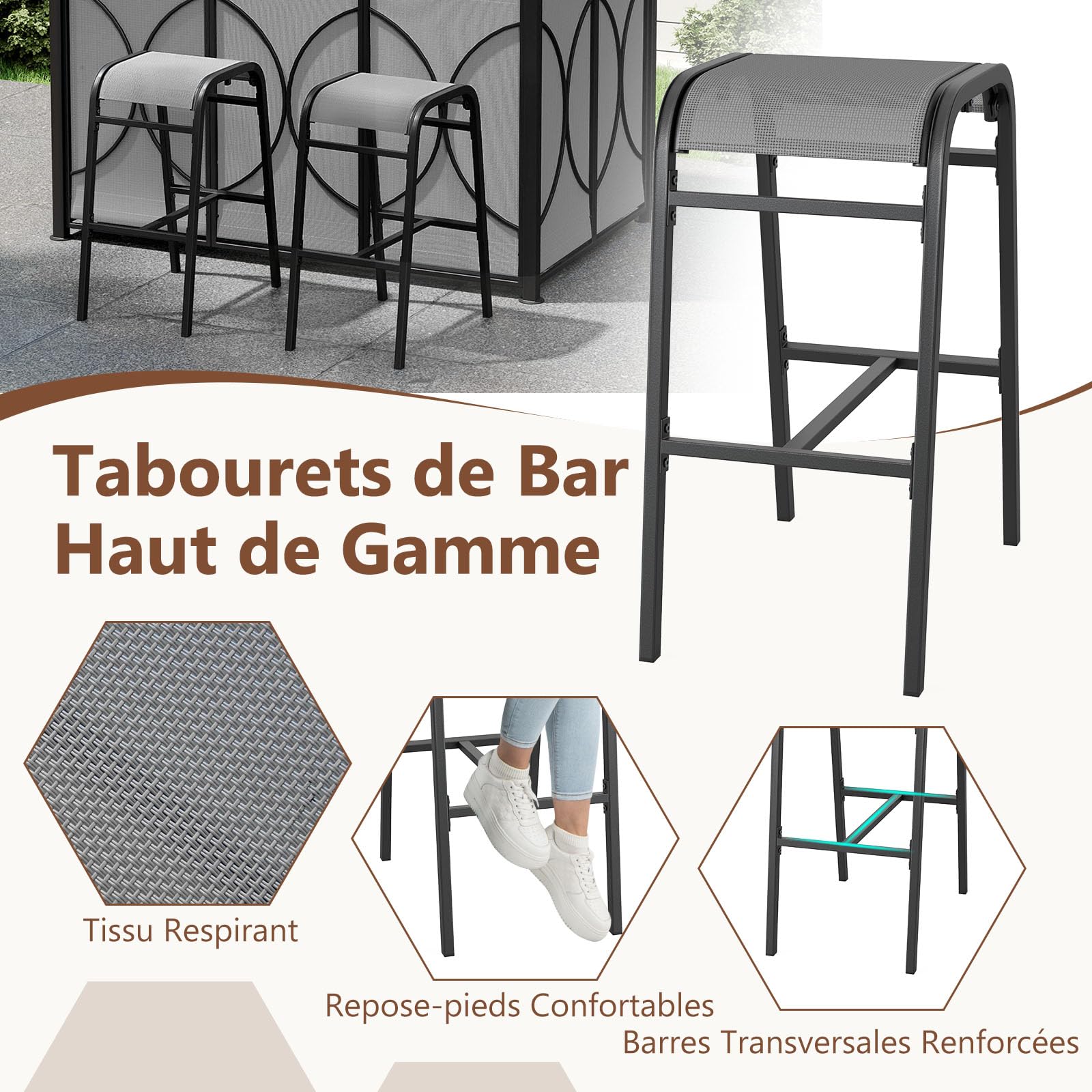 COSTWAY Tonnelle de Barbecue 3 Pcs avec 2 Tabourets de Bar, Abri avec Plateau en Verre Trempé Étagères en Métal Auvent à Double Toit, pour Jardin Cour, 194 x 121 x 242 cm (Gris)