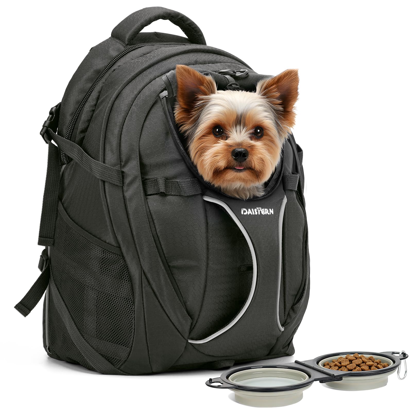 Hunderucksack Wandern bis 8KG, Ergonomischer Katzenrucksack mit Laptopfach & Bequemes Sitzkissen, belüfteter 600D-Nylon-Rucksack mit Verstärkung für Spaziergänge, Camping & Pendeln, Schwarz
