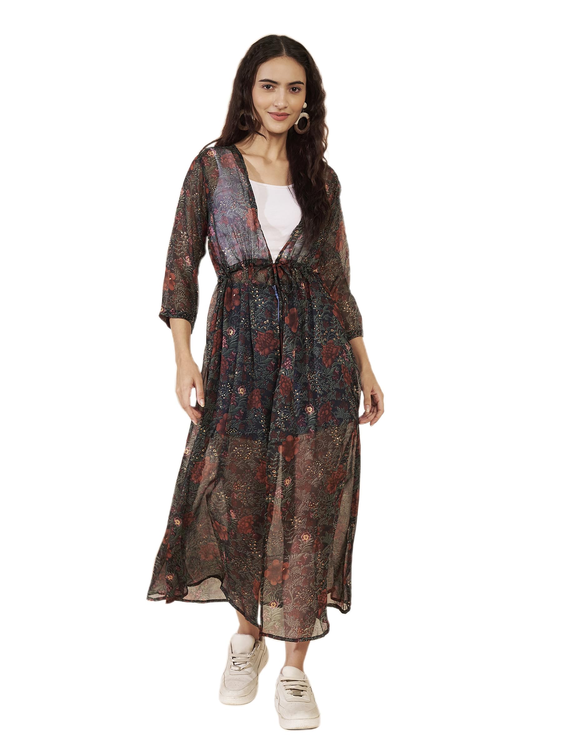 Women Black Multicolour Floral Print Sheer Chiffon Longline Shrug-image-22