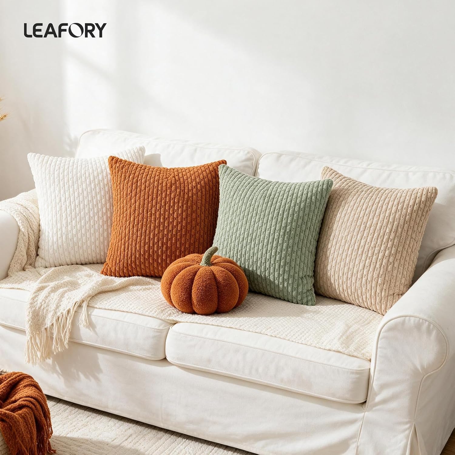 Fall Decorative Throw Pillow Covers 18x18, Striped Corduroy Assorted 4 Pack