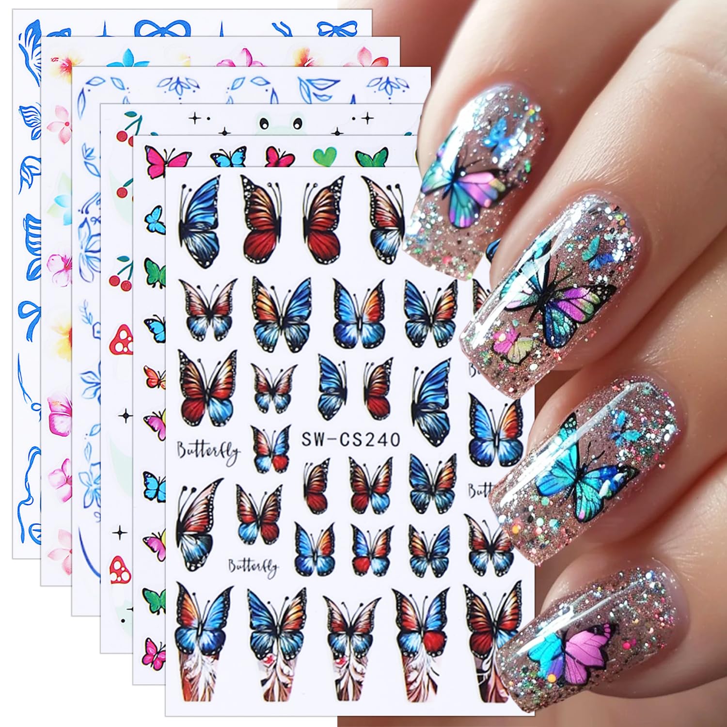 6 Sheets Butterfly Nail Decals for Nail Art 3D Self-Adhesive Spring Flower Nail Stickers Blue Floral Butterfly Bow Nail Art Stickers Cherry Frog Nails