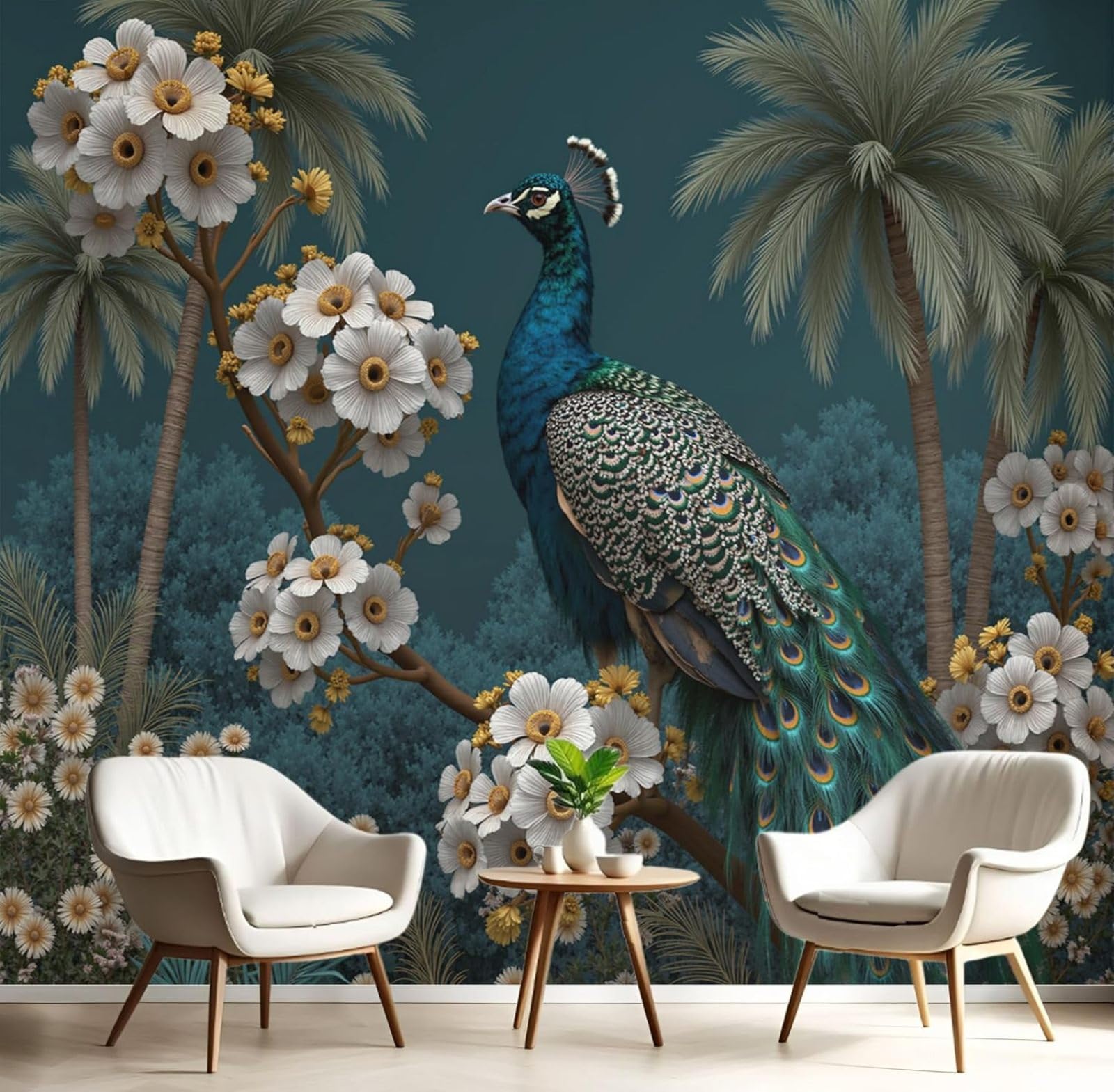 Kfjhgbdshhj 3D Mural Photo Mural-Wallpaper Non-Woven, Elegant Peacock 3D Effect, Bedroom, Living Room, Modern Xxl Wall Mural, Motif 3D Vintage Flowers, Plants, Decoration, Green, 350Cm X 256Cm Poster - Wall Sticker - Fr